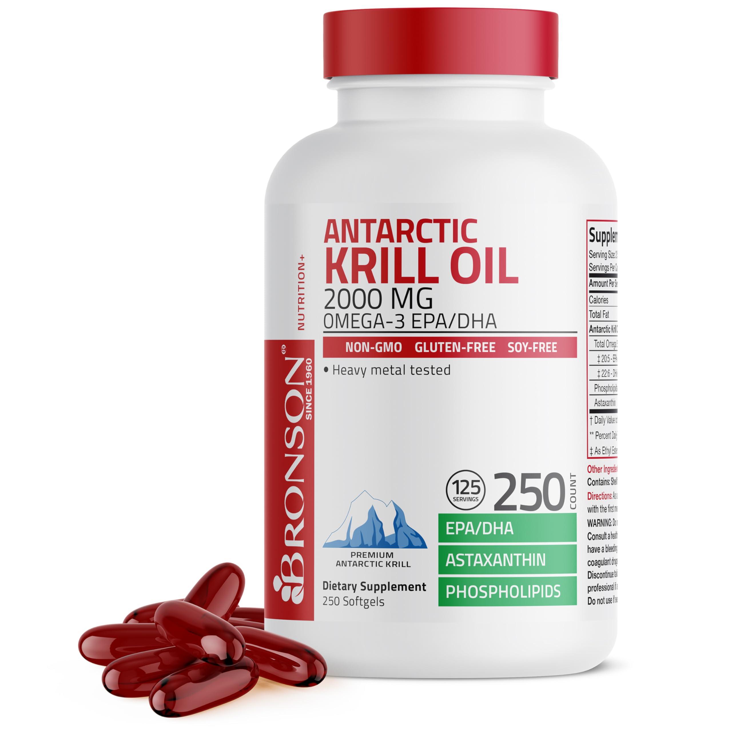 Bronson Bronson Antarctic Krill Oil 2000 mg with Omega-3s EPA, DHA, Astaxanthin and Phospholipids, 250 Softgels (125 Servings)
