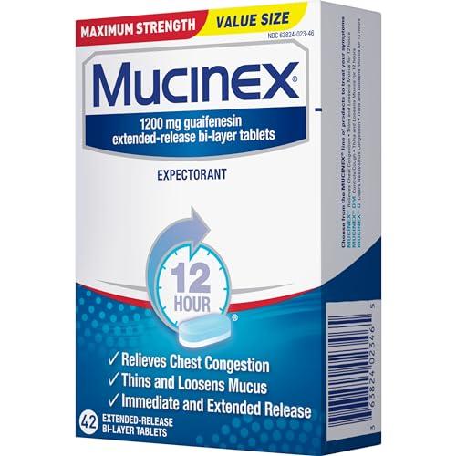 Mucinex Mucinex 12 Hour Maximum Strength 1200 mg Guaifenesin Extended-Release Tablets for Excess Mucus Relief, Expectorant Aids Excess Mucus Removal, Chest Congestion Relief, 42 Tablets