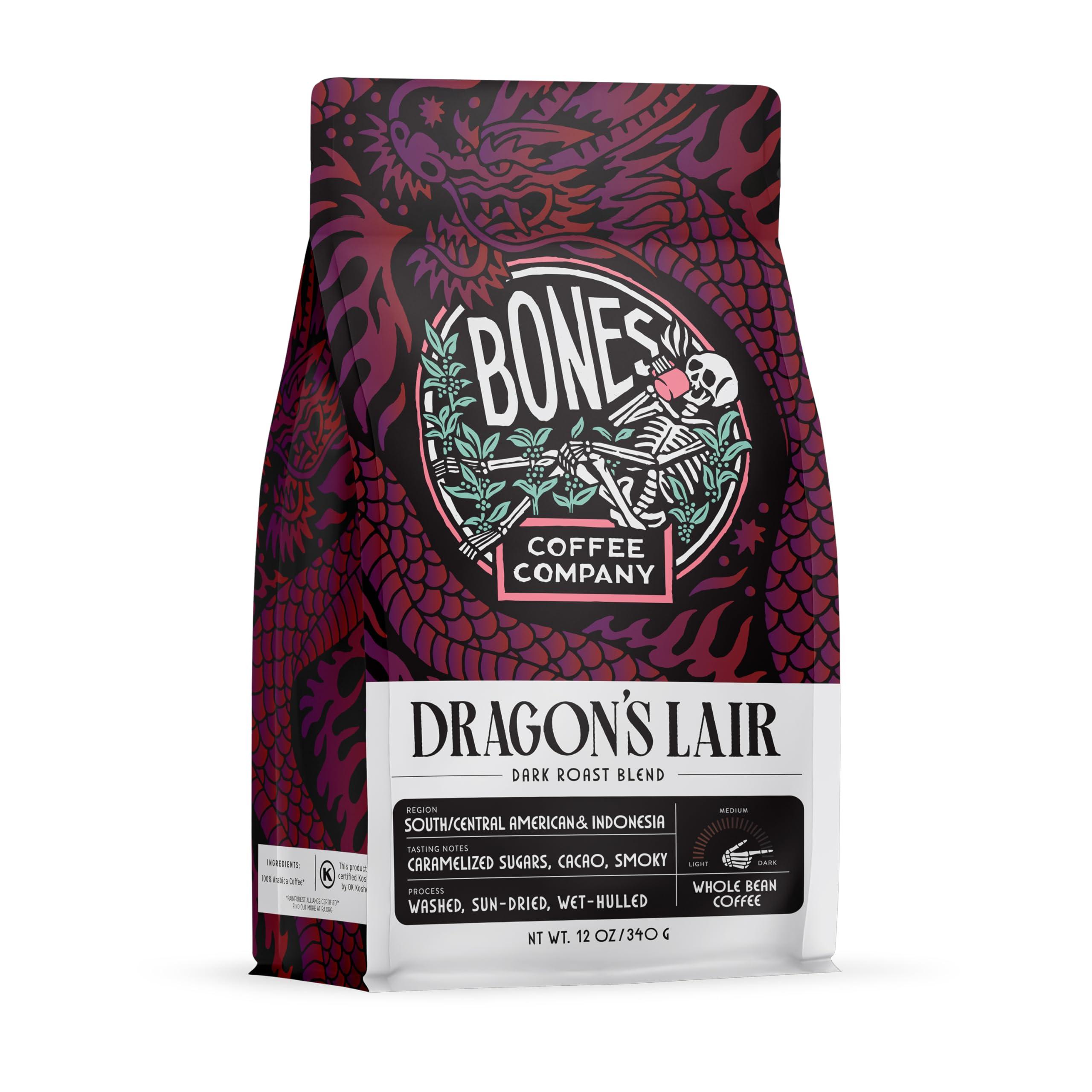 Bones Coffee Company Bones Coffee Company Dragon\'s Lair Flavored Coffee Beans, Whole Bean Coffee Dark Roast Low Acid (12 oz)