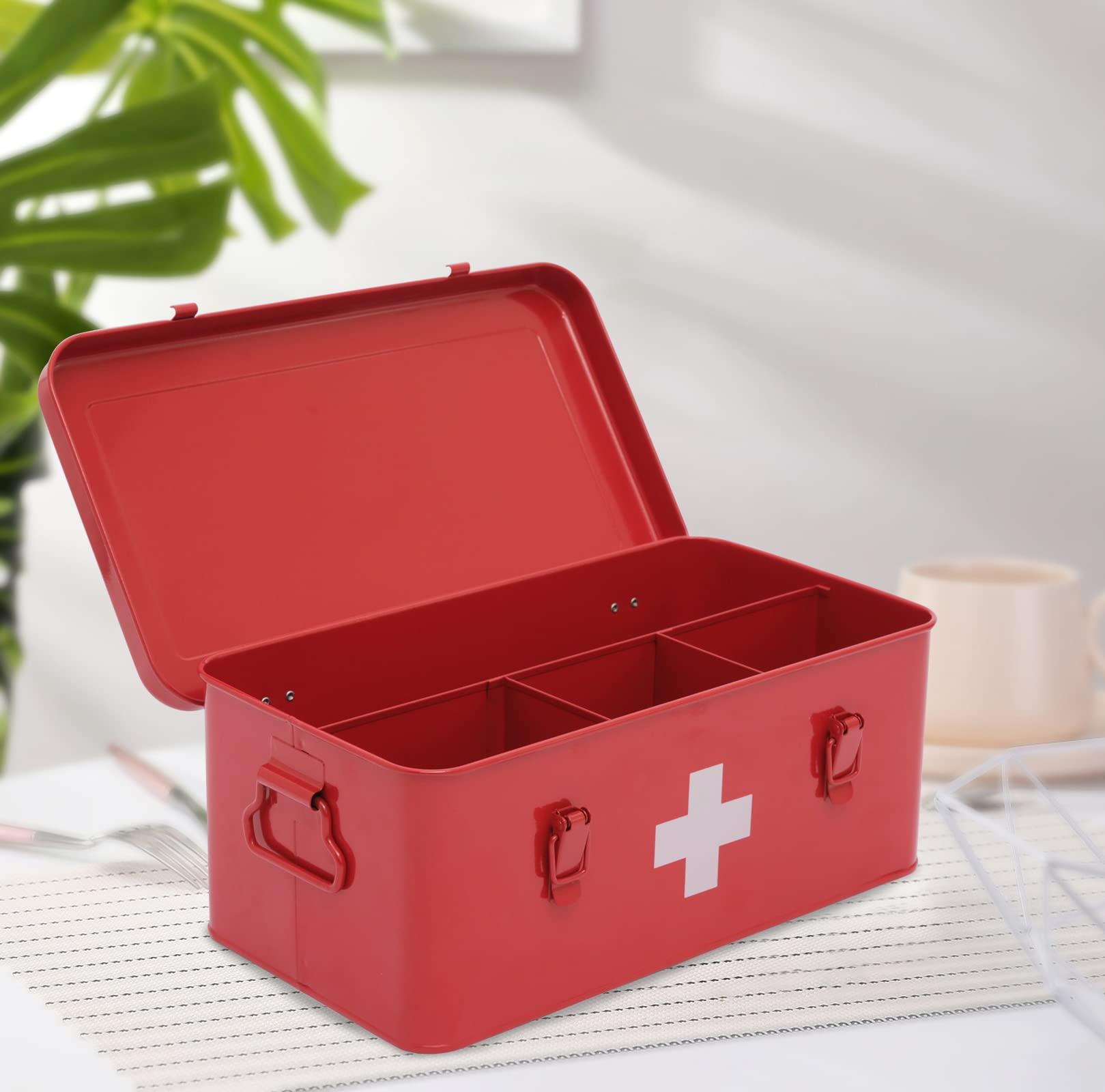 Xbopetda Xbopetda First Aid Medicine Box, First Aid Kit Supplies Bin, Metal Medicine Storage Tin, First Aid Empty Box with Safety Lock for Home Emergency Tool Set-Red