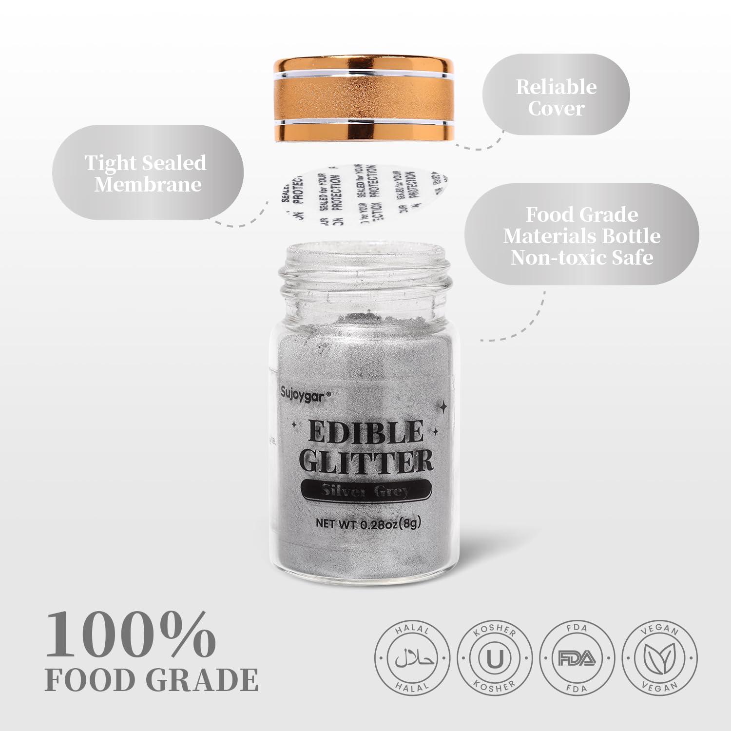 Sujoygar Sujoygar Silver Grey Edible Glitter, Food Grade 8g, Edible Glitter for Drinks, Kosher & Halal Certified, Cocktail, Cupcake, Chocolate, Strawberry, Baking