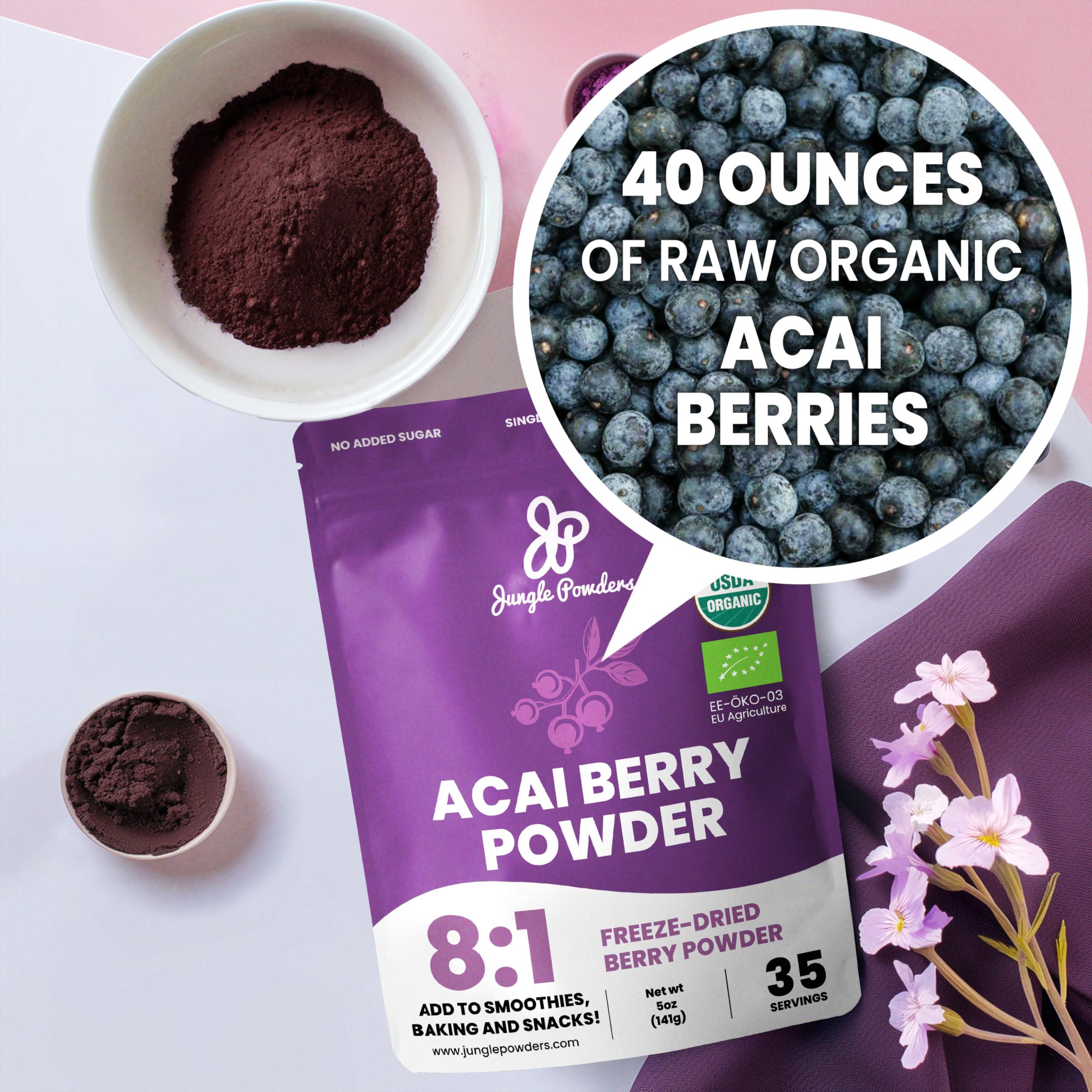 Jungle Powders Organic Acai Powder 5 Ounce Bag Freeze Dried Acai Berry Powder from Whole Berries, Antioxidant-Rich Acai Powder Organic for Smoothie Bowls, Acai Berries Superfood Smoothie Powder