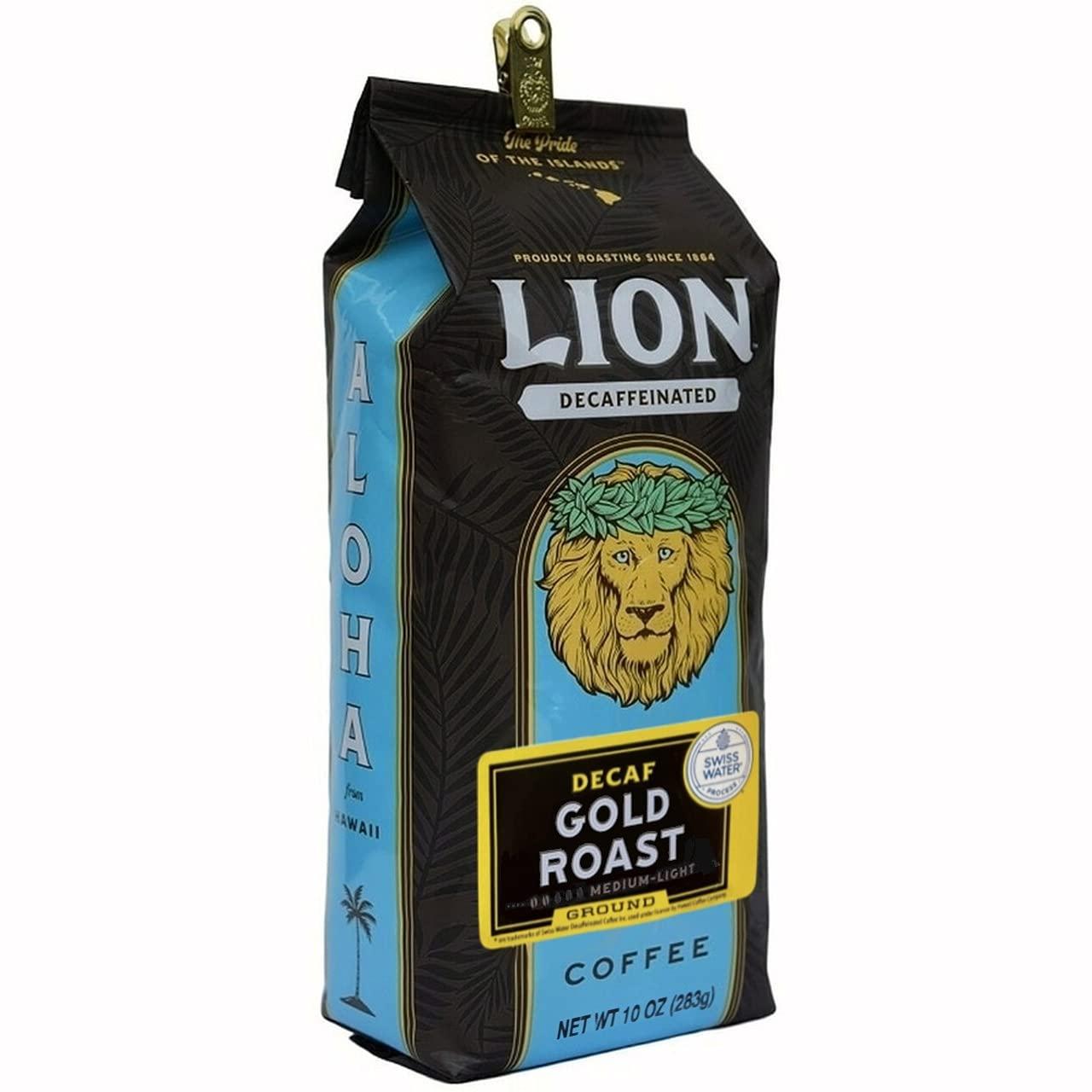 Lion Coffee Lion Coffee DECAF Gold Roast Ground Coffee, Medium-Light Roast Swiss Water DECAF, Hawaiian Inspired Taste - 10 Ounce Bag