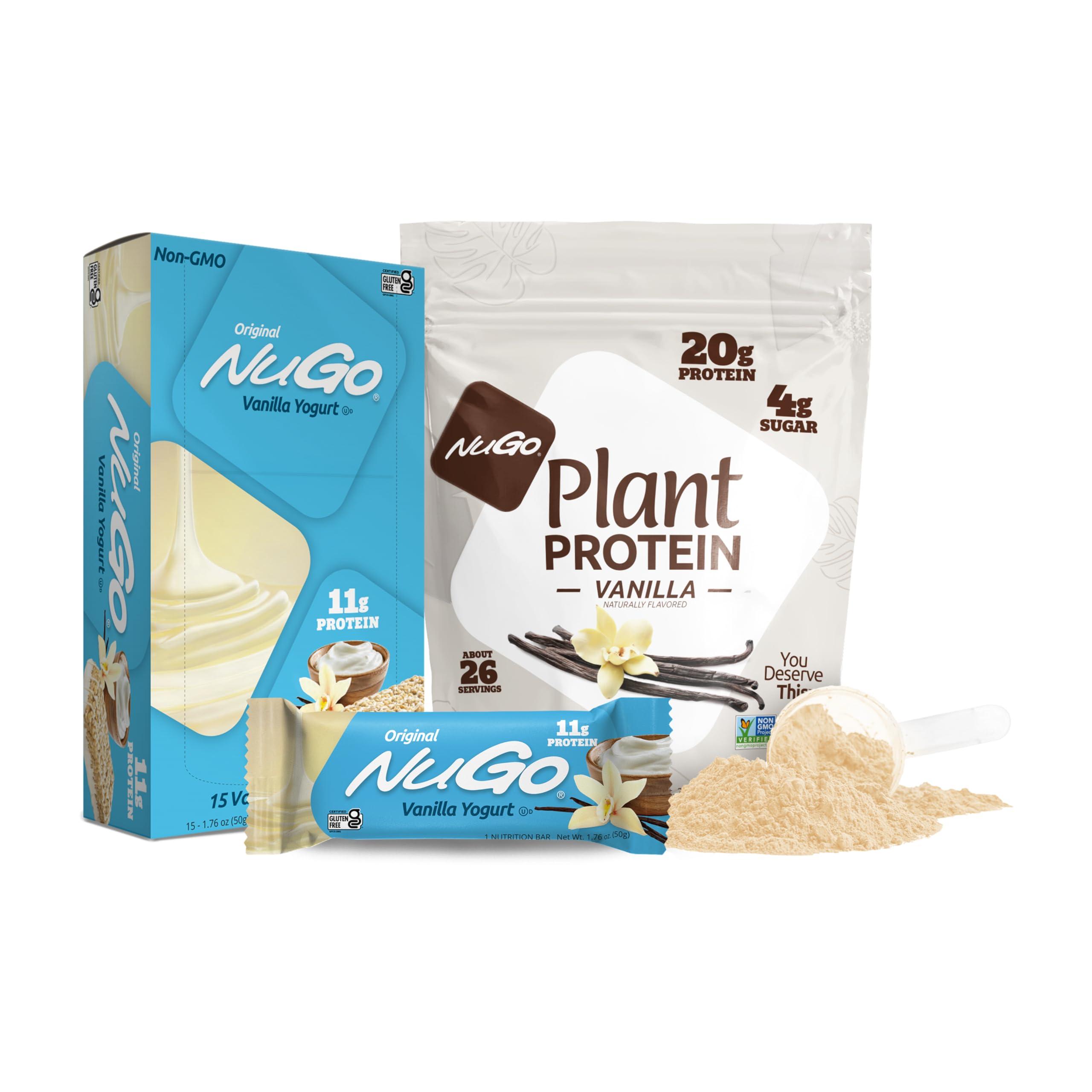 NuGo NuGo Protein Bar, Vanilla Yogurt, 11g Protein, Gluten Free, 15 bars and NuGo Plant Protein Powder, Vanilla, 20g Vegan Protein, Low Sugar, 26 servings