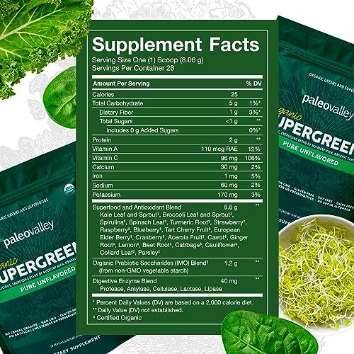 Paleovalley Paleovalley Organic Supergreens Powder - 23 Superfoods with Prebiotic Fiber for Energy and Immunity Support - No Cereal Grasses for Maximum Absorption - Pure Unflavored, 30 Servings