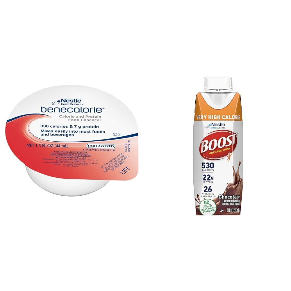 Benecalorie Benecalorie Calorie and Protein Enhancer - Unflavored (330 Calories, 7g Protein) - 1.5 fl oz Cups & Boost Very High Calorie Chocolate Nutritional Drink 22g Protein, 530 Nutrient Rich Calories, 8 Fl