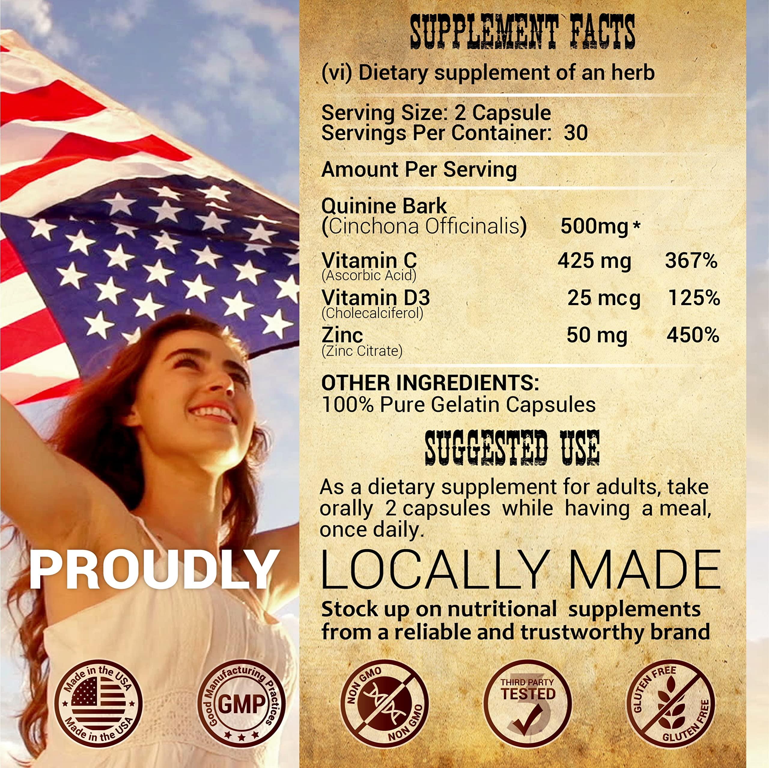 HERBALICIOUS HERBALICIOUS Quinine Immune Guard - Quinine Capsules Supplement with Vitamin C, D3, Zinc - for Muscle Cramps Relief & Stomach Wellness - Non-GMO Cinchona Bark Herbal Supplements - 500mg, 60 Capsules