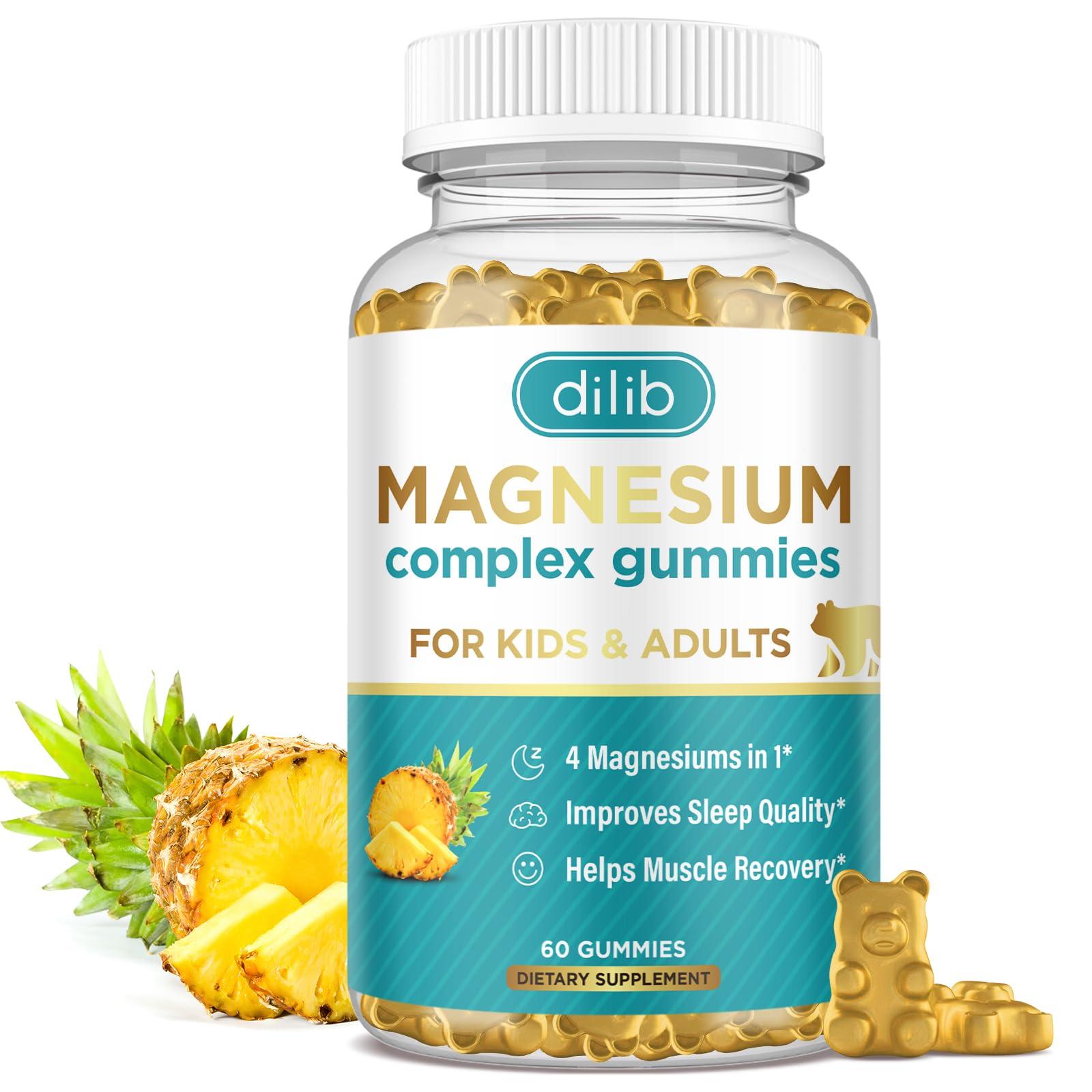 dilib Magnesium Complex Gummies- Calm Chewable Gummies for Kids & Adults- Magnesium Glycinate, Taurate, Citrate, Malate, Supplement-Support Calm Stress Relief, Bone, Muscle, Mood Vegan, 60 Gummies