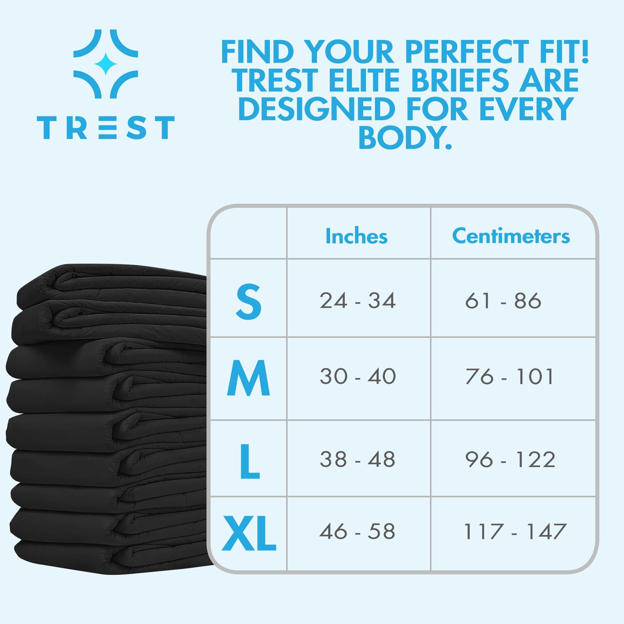 Trest Trest Elite Briefs for Men and Women, Overnight Diapers for Incontinence, Elite Absorbency, Comfortable, Odor Neutralizing and Secure Fit with 2 Wide Tabs - Black, Small (Pack of 10)