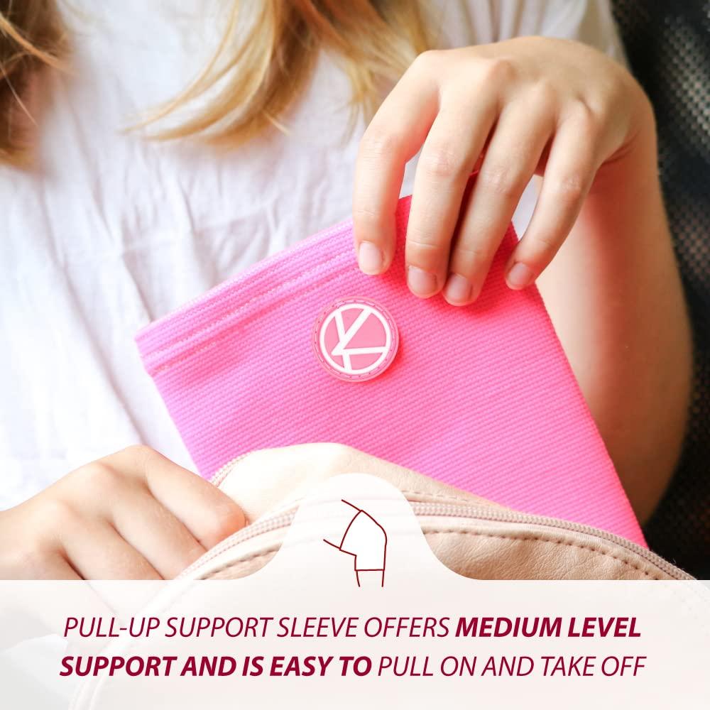 KARM KARM Kids Knee Brace Sleeve - Youth Knee Compression Sleeve for Kids, Child - Support for Pain, Sports, Football, Basketball, Gymnastics, Recovery, Boys & Girls (Neon Pink)