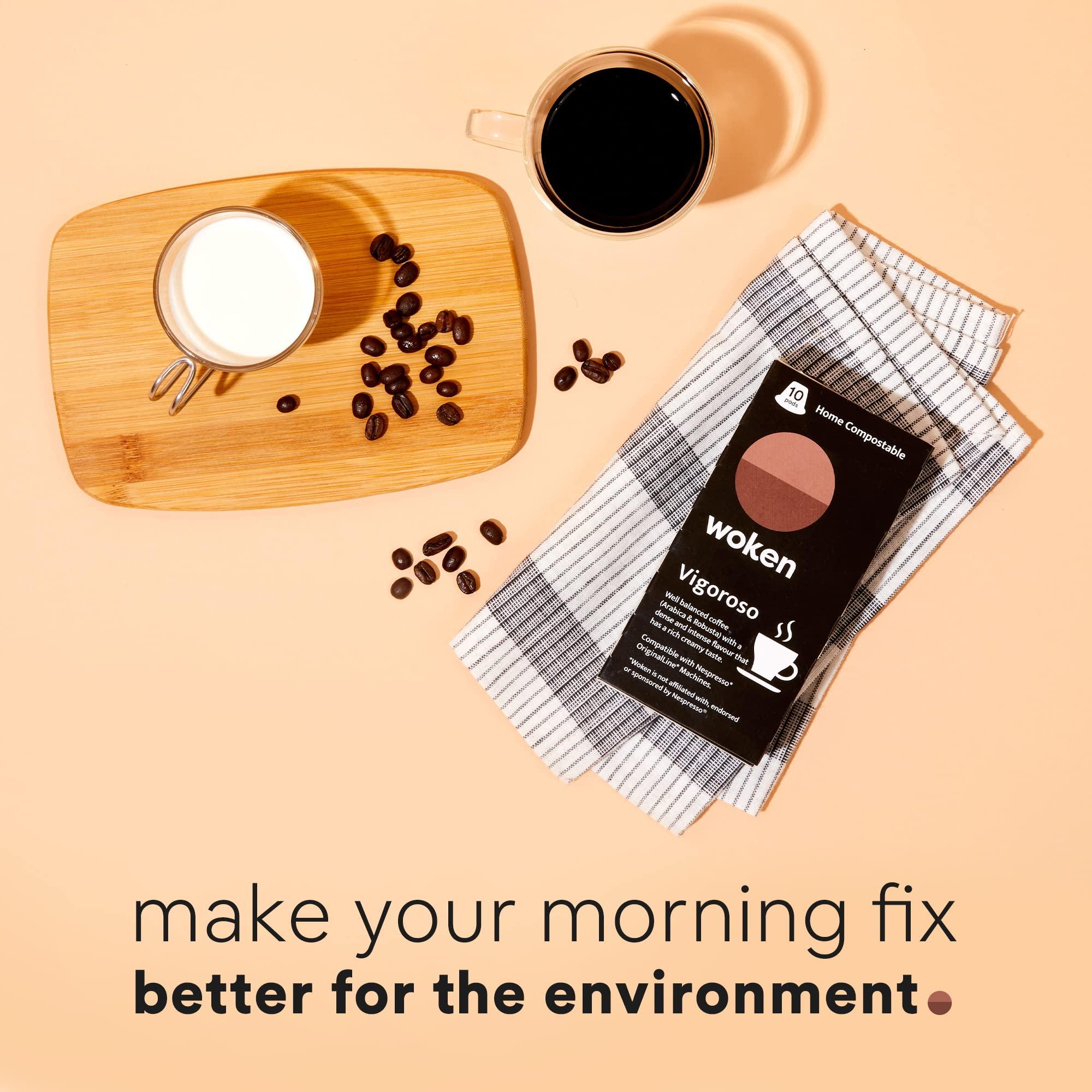 Woken. It\'s a fix WOKEN COFFEE Compostable Nespresso Pods - Vigoroso Dark Roast Italian Espresso Coffee Capsules Compatible With Nespresso Coffee Machine (40 Pod Count, 4 Boxes)