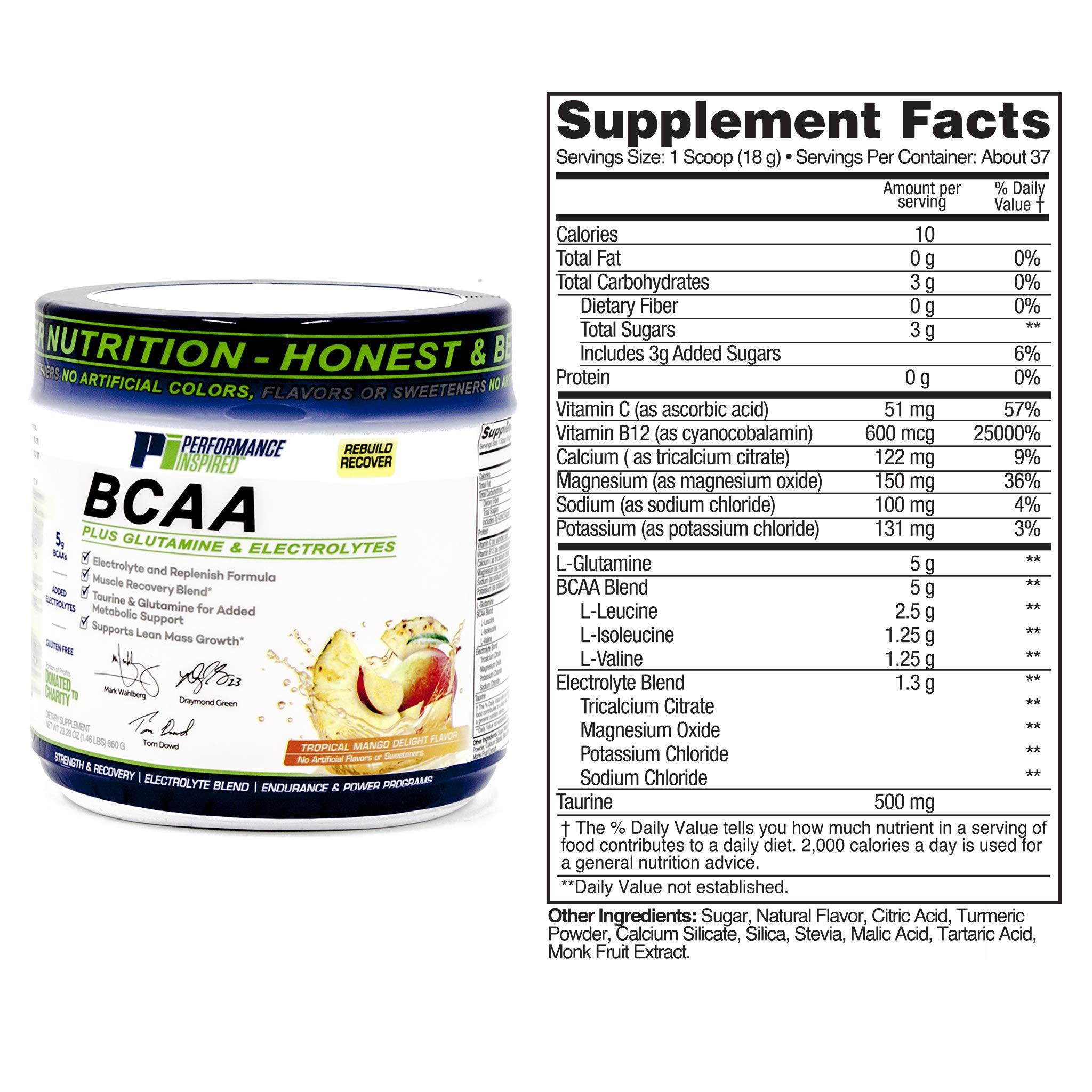 PERFORMANCE INSPIRED PERFORMANCE INSPIRED Nutrition BCAA Powder  5G BCAA with Electrolytes, Taurine & Glutamine  All-Natural Recovery & Clean Formula  Tropical Mango Delight  1.46 lb