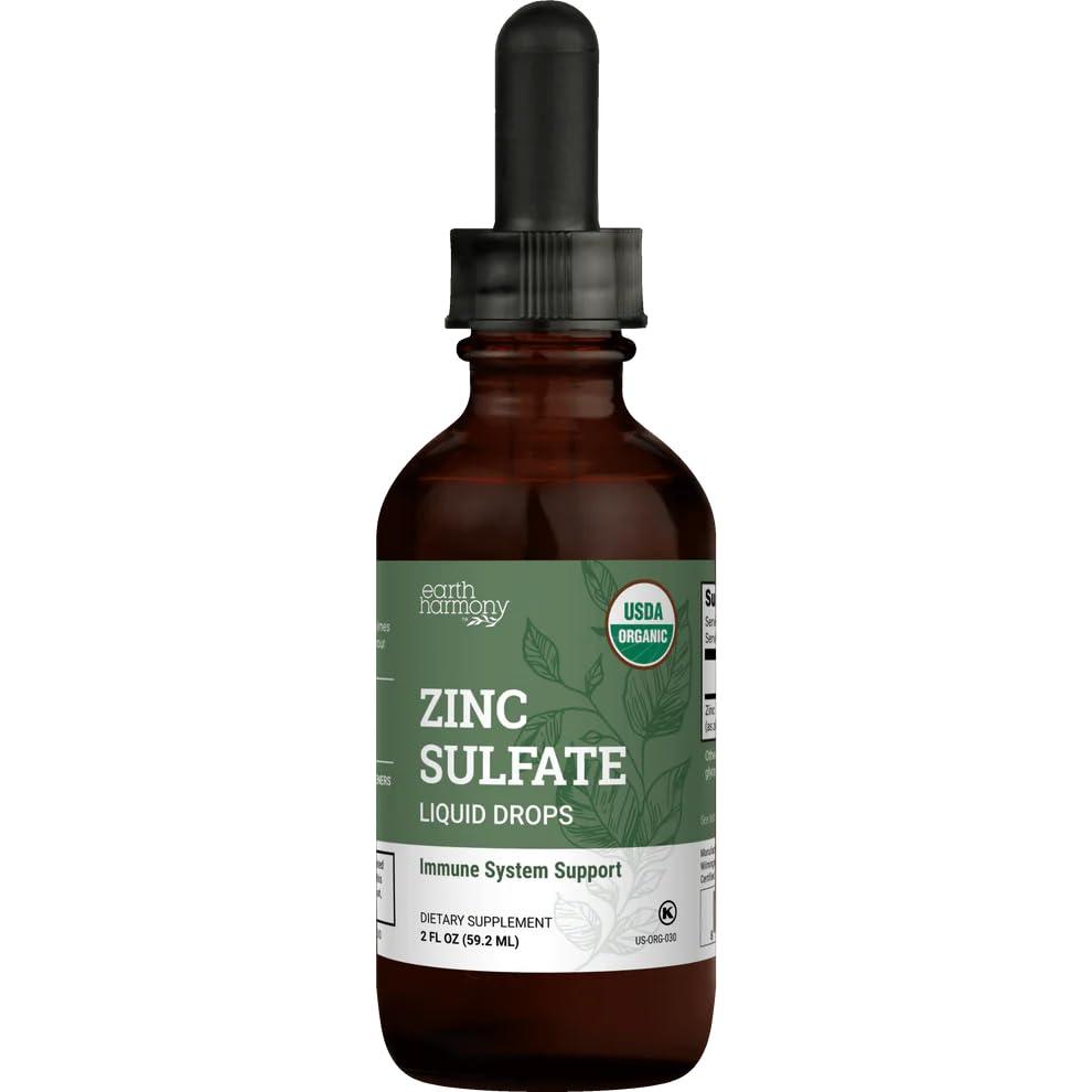 Earth Harmony Naturals Organic Liquid Zinc Sulfate - Pure Zinc Supplements for Skin Health, Immune System Function and Normal Cell Growth in Adult Men & Women - Non-GMO, Vegan 7.5mg - 2 Fl Oz