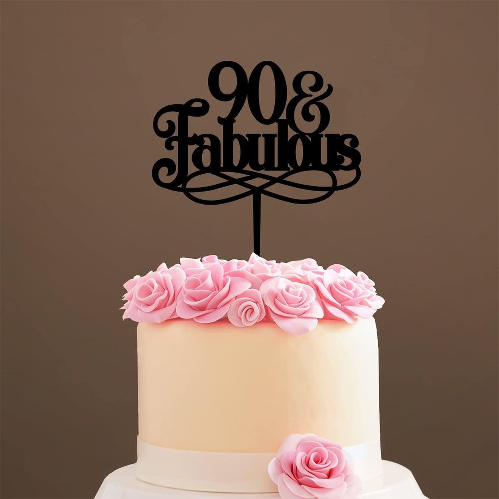 WengBeauty 90 & Fabulous Cake Toppers Black Acrylic 90th Birthday Party Decoration Ideas Happy Birthday Cake Topper Personalized Age Birthday Cake Topper Birthday Anniversary Party Decorations