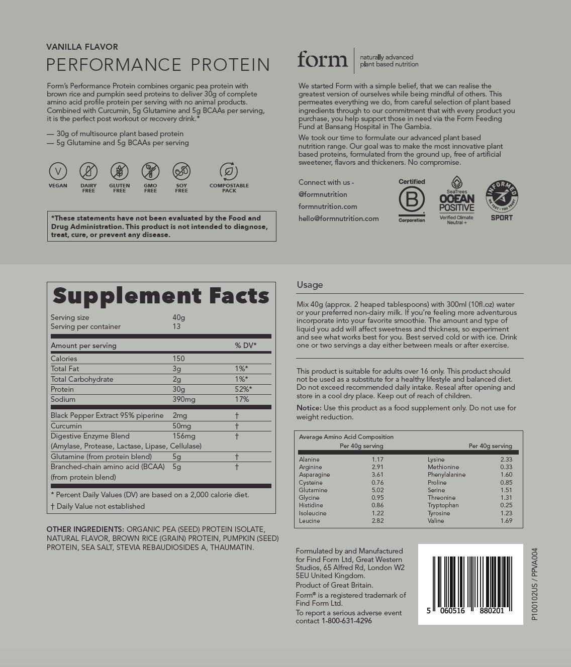 Form Form Performance Protein - Vegan Protein Powder - 30g of Plant Based Protein per Serving, with BCAAs and Digestive Enzymes. Perfect Post Workout. Tastes Great with Just Water! (Vanilla)