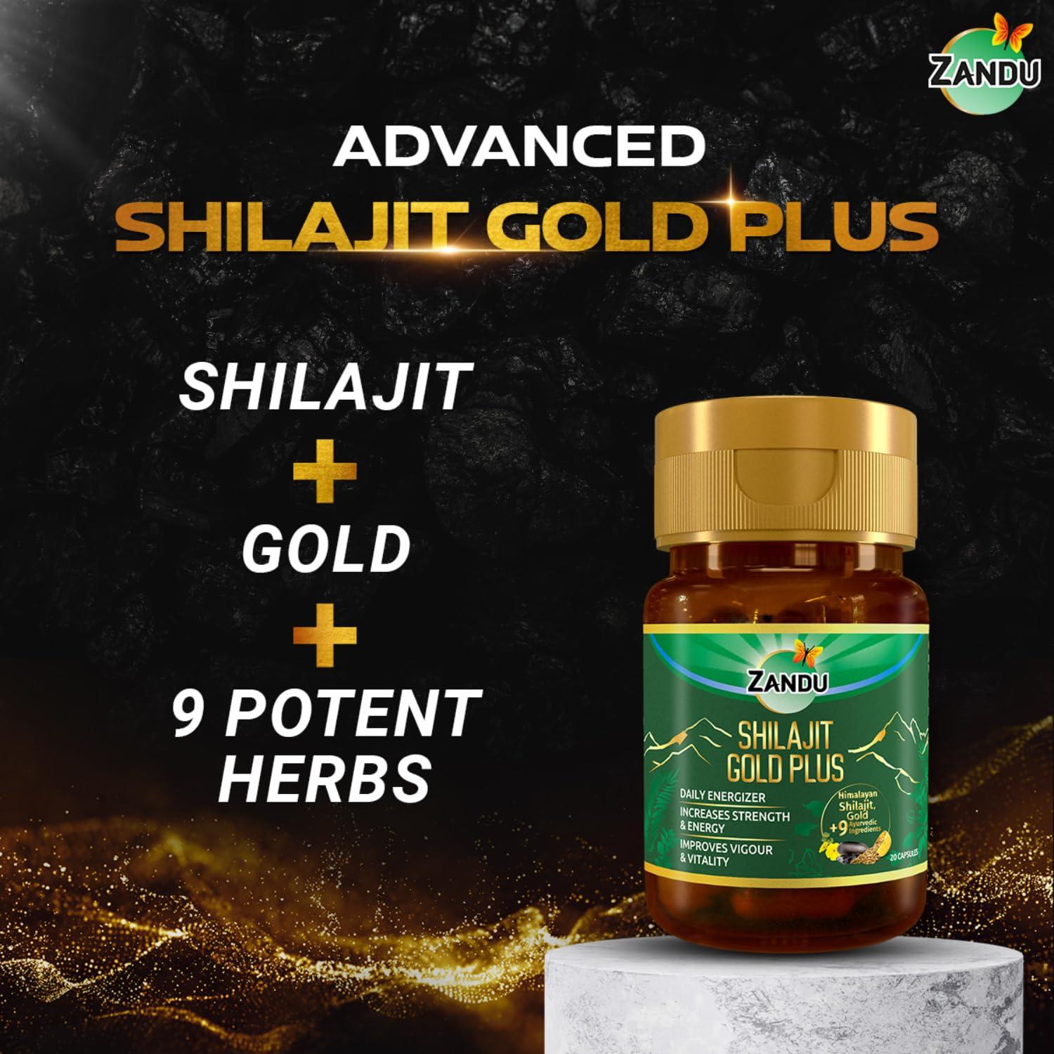 Zandu Zandu Shilajit Gold Plus| Scientifically tested advanced formula| Made using 100% Pure Himalayan Shilajit, Gold & 9 Ayurvedic herbs |Enhances strength, stamina, vigour, vitality and power | 20 Caps