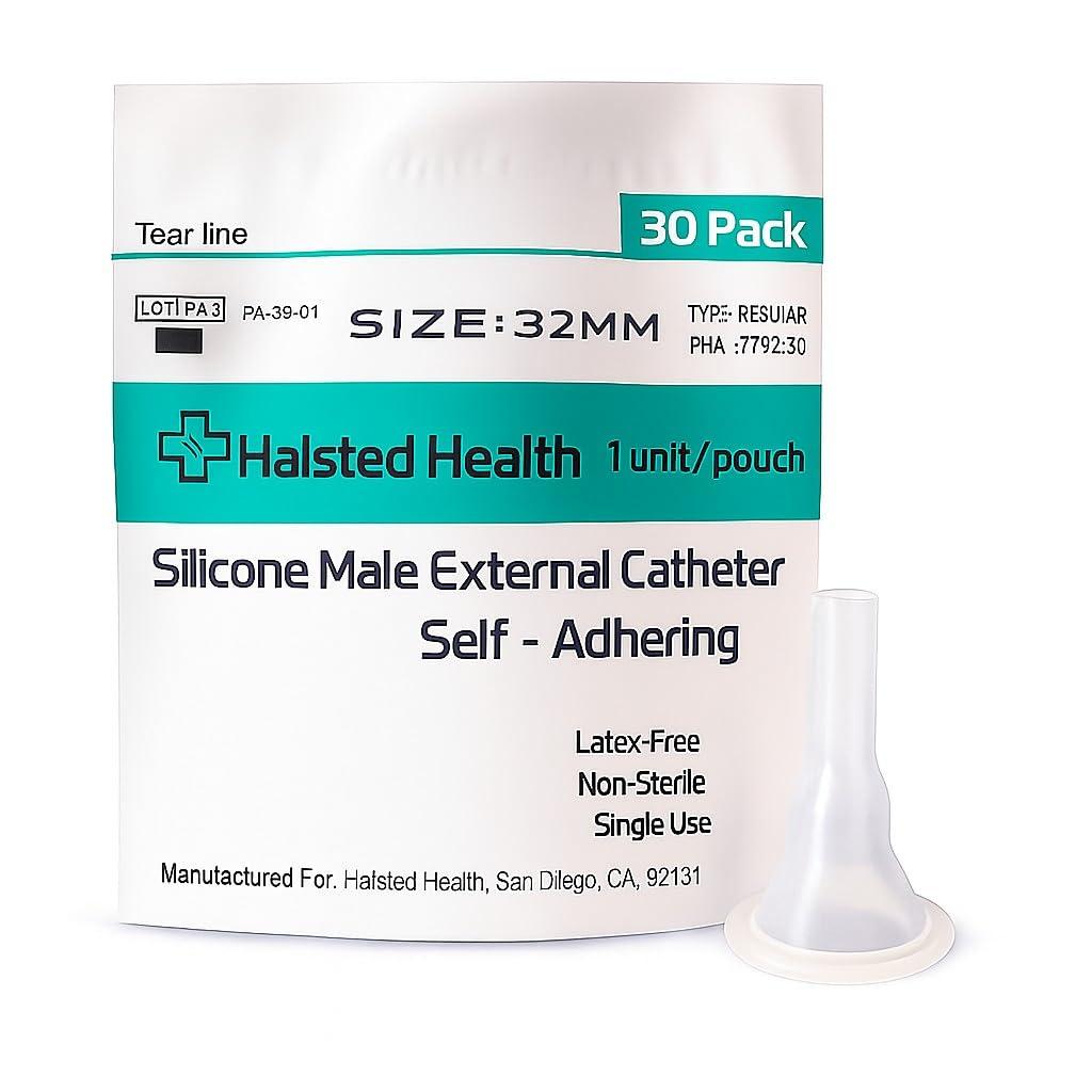 Halsted Health Silicone Male External Catheter, Self-Adhesive, Kink Resistant, Catheter, Urinary Incontinence (32mm)