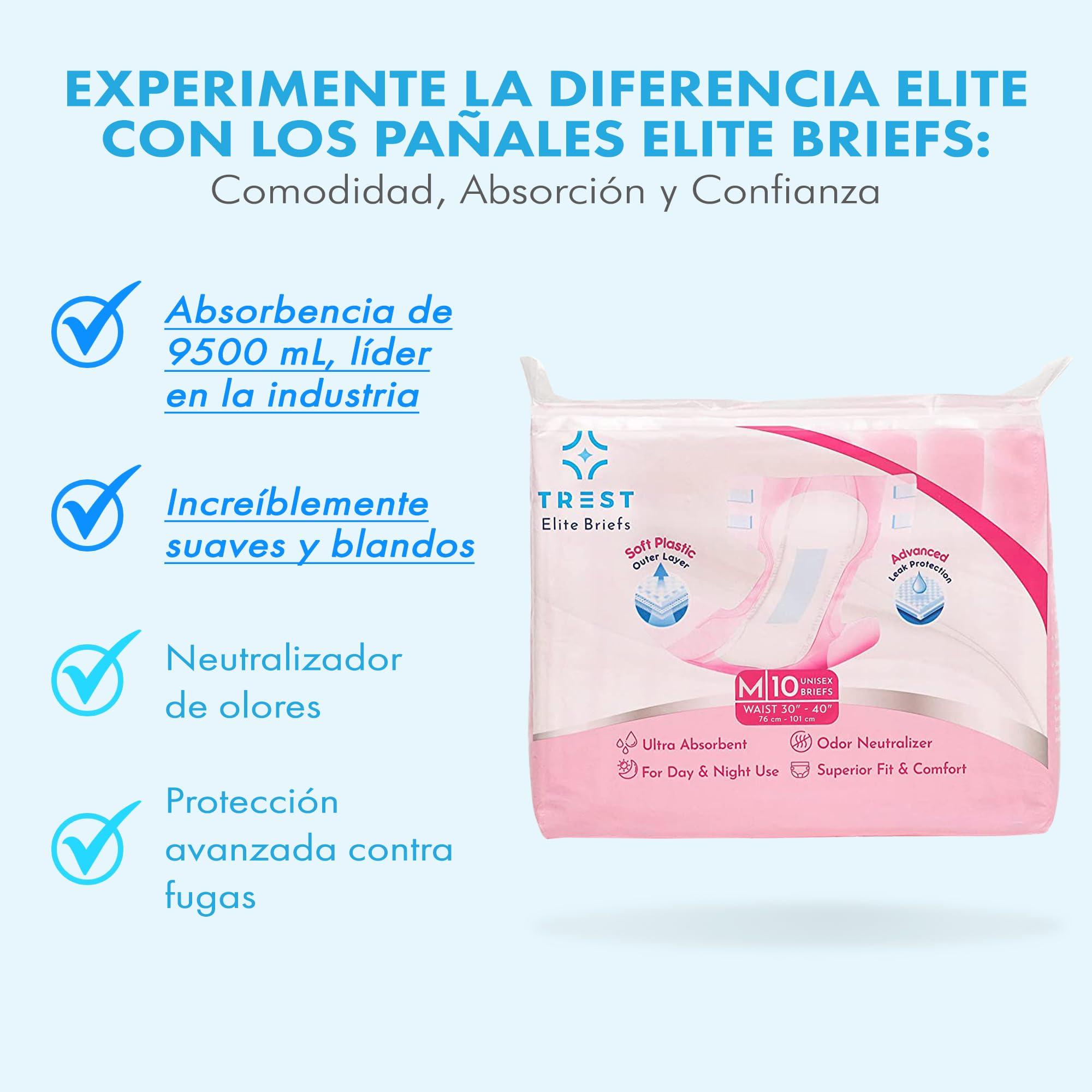 Trest TREST Elite Briefs for Men and Women, Overnight Diapers for Incontinence, Elite Absorbency, Comfortable, Odor Neutralizing and Secure Fit with 2 Wide Tabs - Pink, Medium (Pack of 10)