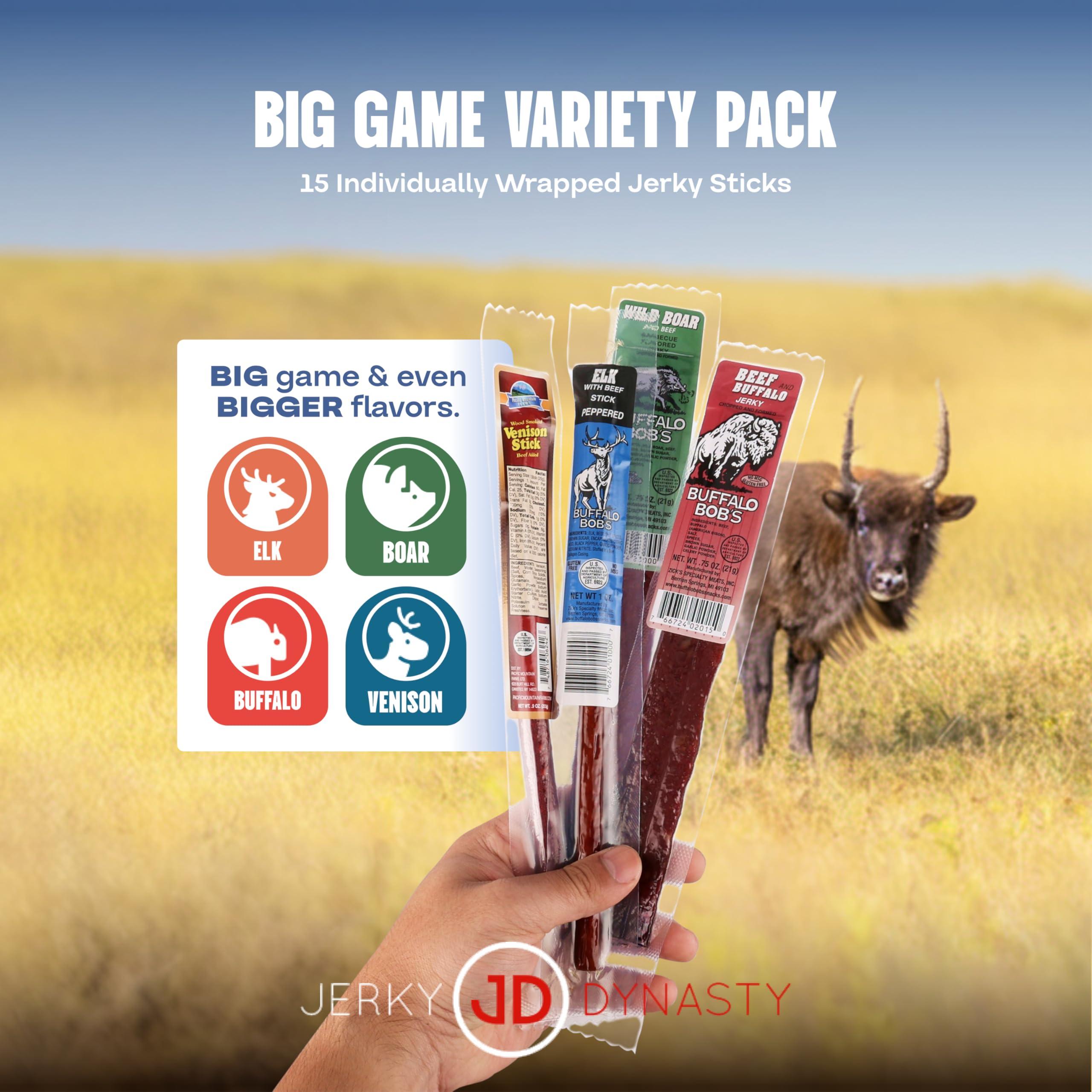 Jerky Dynasty Jerky Dynasty Big Game 15-Piece Jerky Variety Pack - Assorted Meat Snack Box with Beef Jerky, Buffalo, Elk, Wild Boar, & More - Unique Present for Men or for Snack