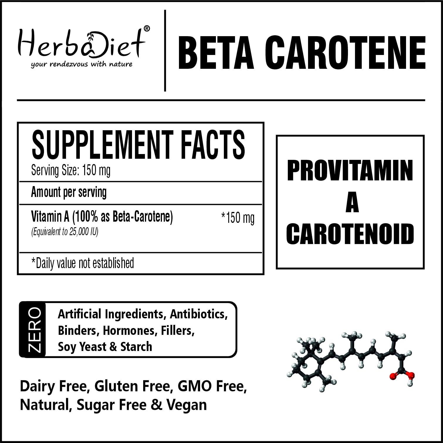 Herbadiet Beta Carotene 10% Vitamin A 25000 IU Powder | Immune System Support, Antioxidant Supplement | Cartenoids for Healthy Vision, Eyes & Skin | 100% Natural Betacarotene (1.76 oz - 50 gram)