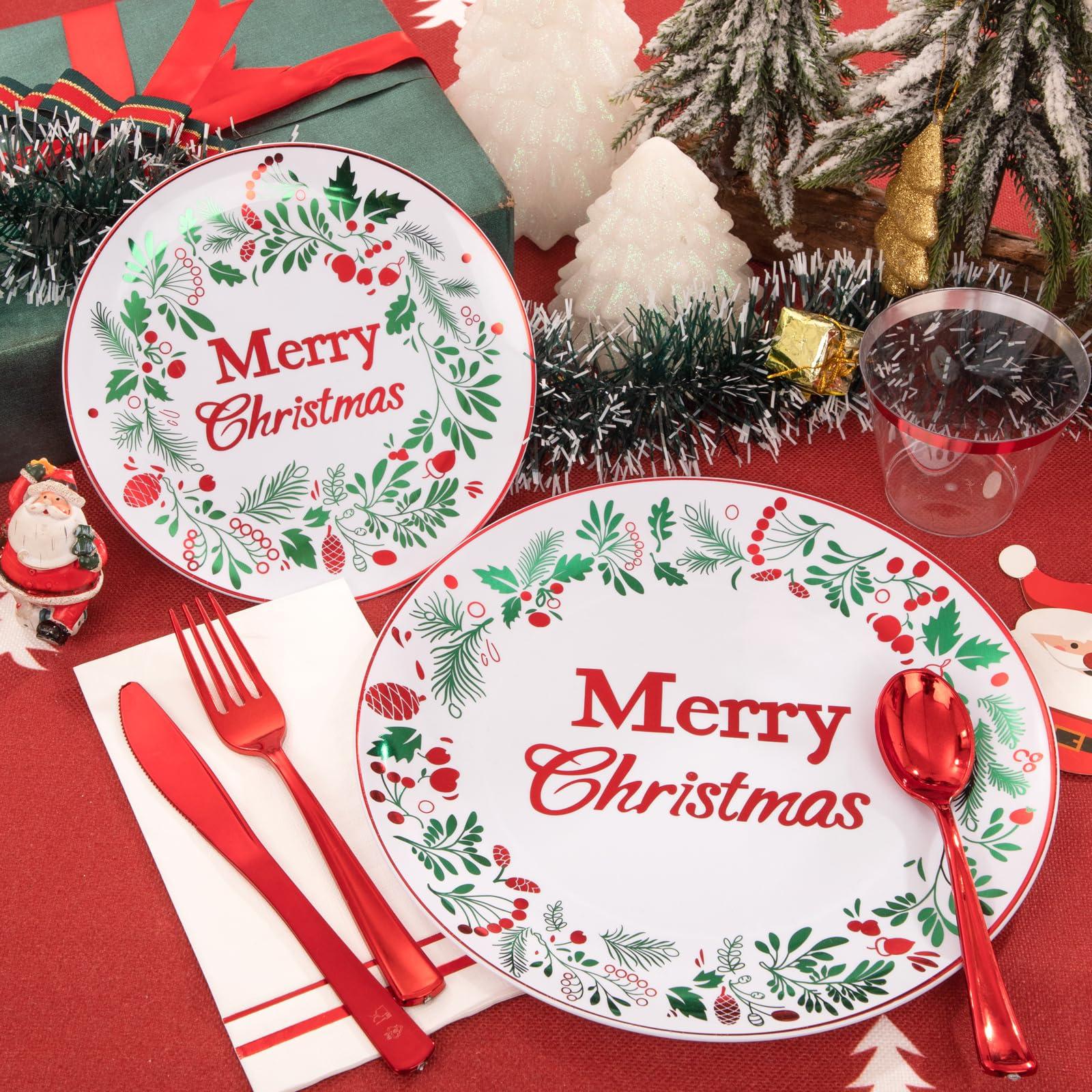 bUCLA bUCLA 175PCS Christmas Plates Dinnerware Set - Green and Red Christmas Plastic Plates and Napkins Disposable Include 25 Dinner Plates,25 Dessert Plates,75 Cutlery,25 Cups&25 Napkins