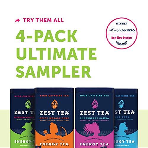 ZEST TEA Zest Tea Premium Energy Hot Tea, High Caffeine Blend Natural & Healthy Black Coffee Substitute, Perfect for Keto, 135 mg Caffeine per Serving, Pomegranate Mojito Green Tea, Tin of 15 Sachet Bags