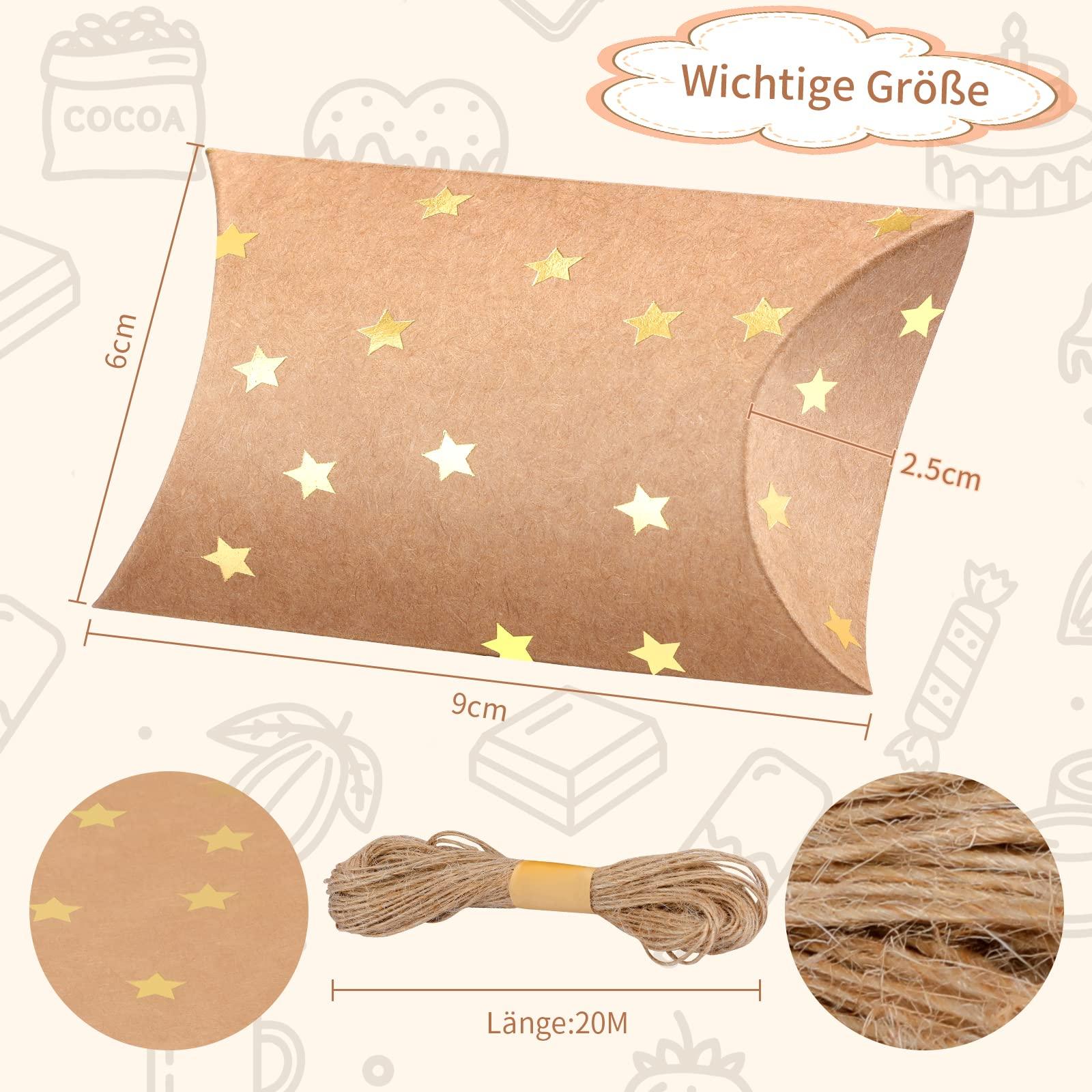 WANGDEFA 100 Pieces Small Gift Pillow Boxes Pillow Boxes for Gifts Kraft New Year Gift Box Christmas Pillow Boxes Pillow Gift Boxes with Jute String for Wedding New year Present and Birthday Party Favor