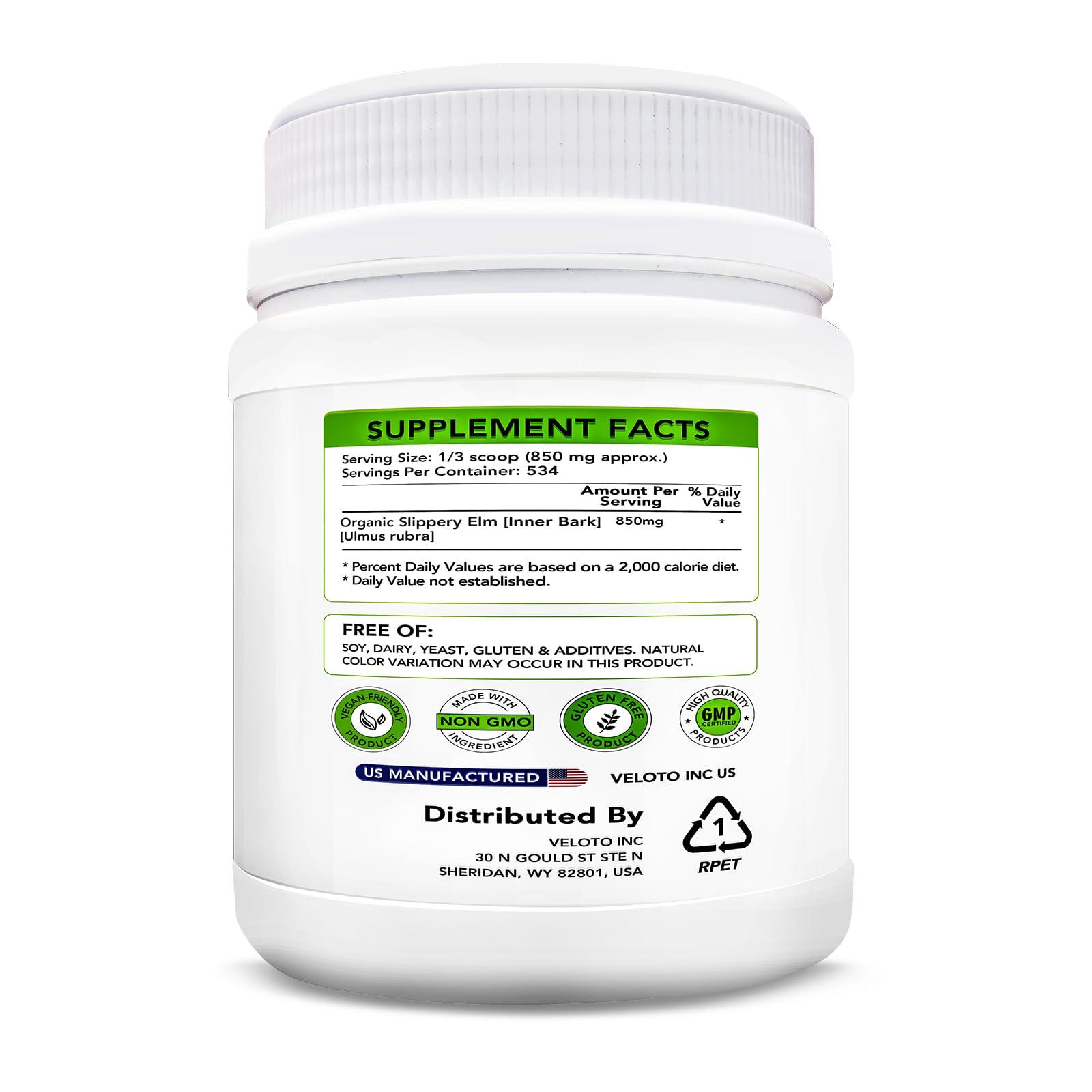 VELOTO VELOTO Slippery Elm Bark Powder Organic, Slippery Elm Inner Bark Powder, Natural Herbal Supplement for Soothing Throat & Digestive Health, Gluten-Free, Non-GMO, Vegan-Friendly, 1 lb (534 Servings)