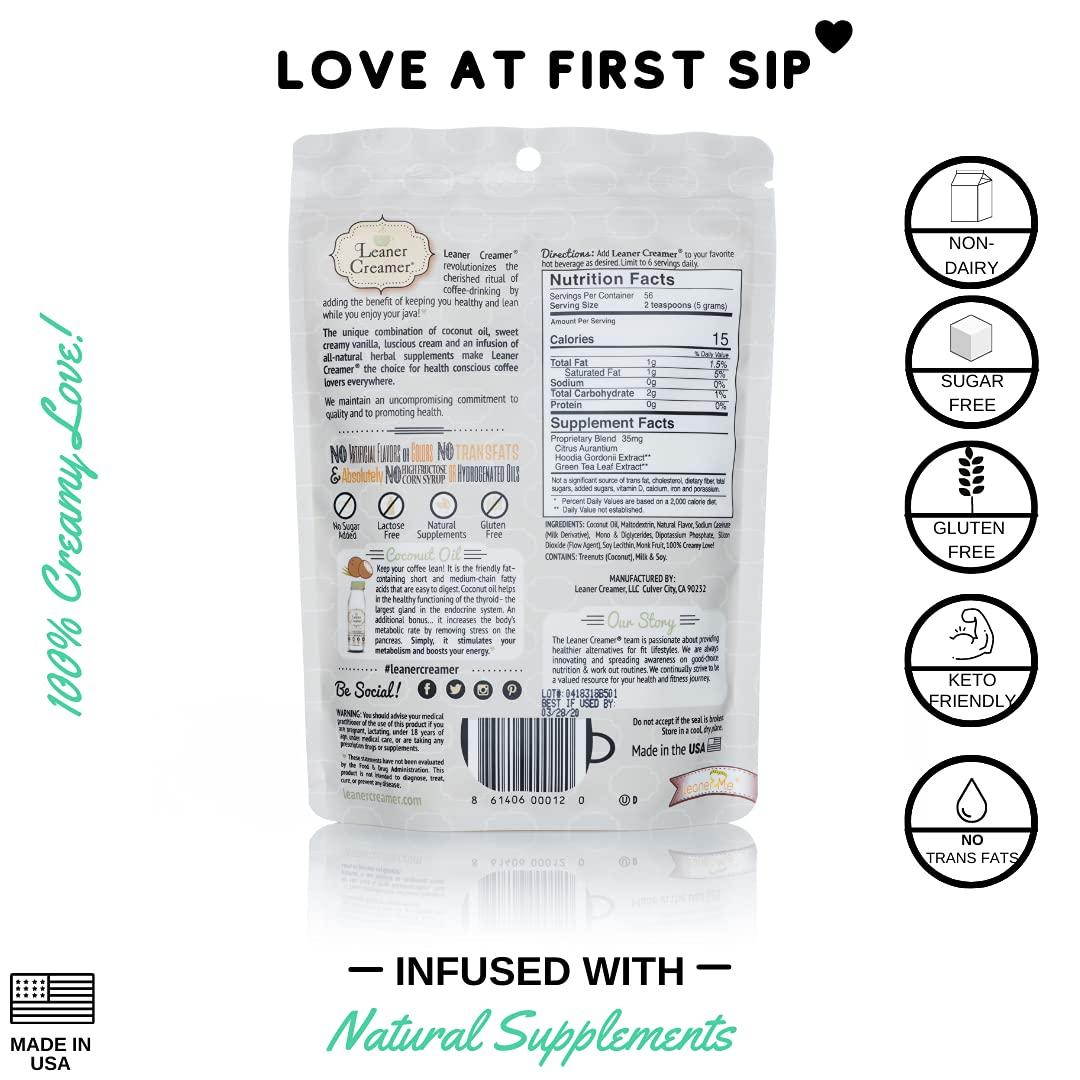 Leaner Creamer Leaner Creamer Non-Dairy Sugar Free Coffee Creamer Powder Perfect Coconut Oil Non-Dairy Powder To Naturally Cream and Sweeten Coffee, Smoothies, Protein Shakes & More! Ideal Flavoring For All Diets