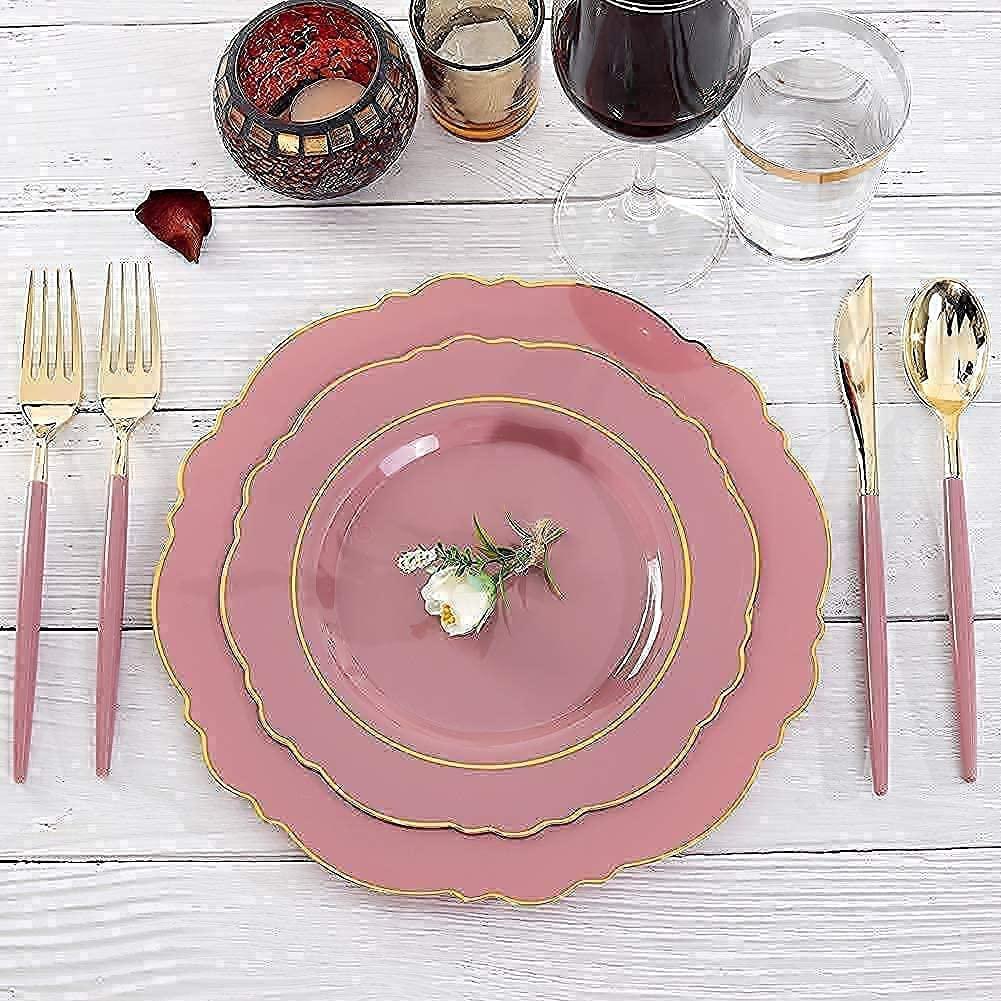 Nervure Nervure 100PCS Blue Plastic Plates With Gold Rim&Gold Disposable Silverware with Blue Handle Purple Plastic Plates 100 Packed&Gold Plastic Silverware with Purple Handle