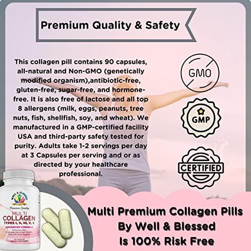 Well and Blessed Multi Premium Collagen Supplements for Women with Vitamin C, E -Tighten Skin, Reduce Wrinkles, Strong Nails, Joints & Hair Growth - Anti Aging Skin Care Supplements for Women -90 Capsules