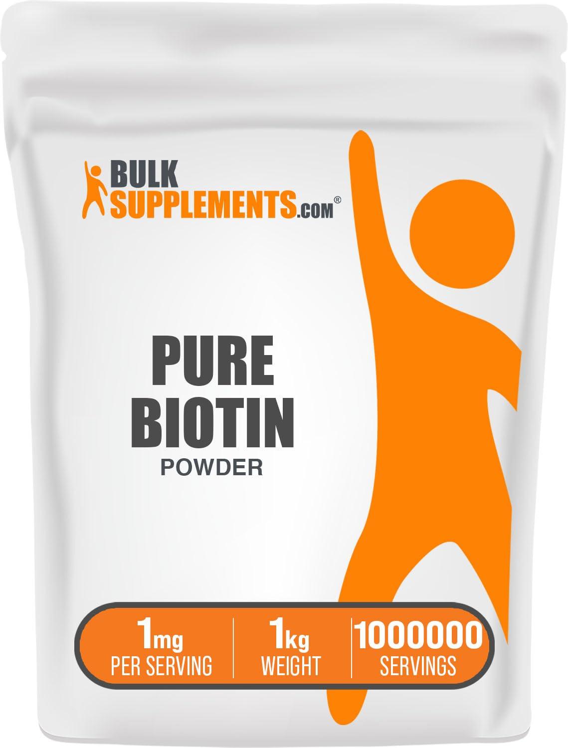 BulkSupplements BulkSupplements.com Pure Biotin Powder - as Vitamin B7, Biotin Supplement, Biotin Vitamins for Hair, Skin and Nails - Gluten Free, 1mg per Serving, 1kg (2.2 lbs) (Pack of 1)