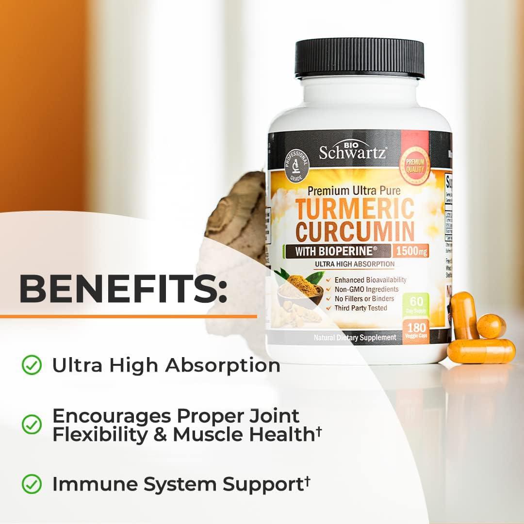 BioSchwartz Turmeric Curcumin with Black Pepper Extract 1500mg Complex (2 Month Supply) Plus High Absorption Magnesium Bisglycinate Capsules (4 Month Supply)