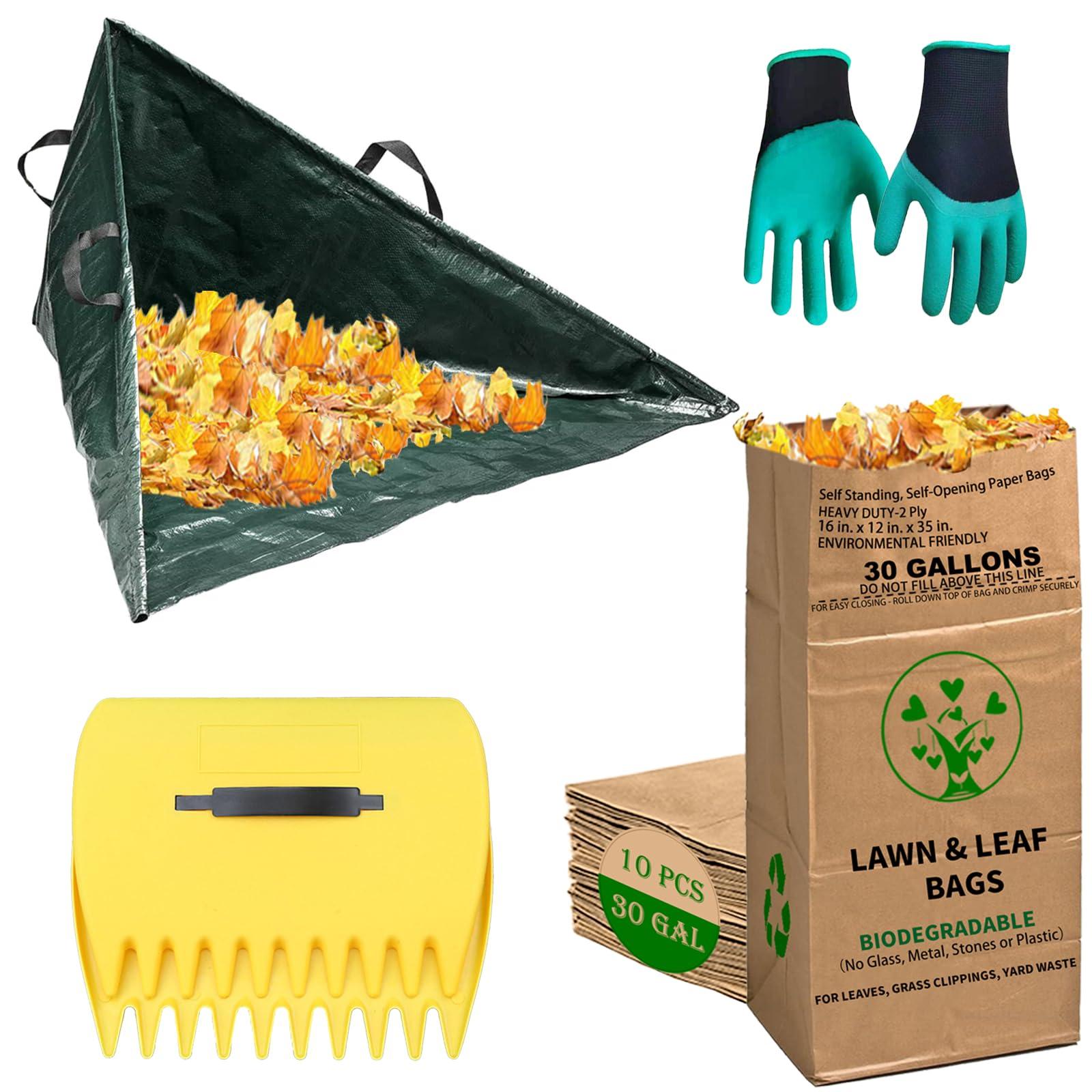 AimGrowth AimGrowth Leaf Collector Tripod Bag and Lawn Leaf bag Kit with leaf scoops | 10 Count 30 Gallon 2-Ply Heavy Duty Self Standing Kraft Paper Bags Yard Waste Bag for Grass Clippings Wet Dry Leaves