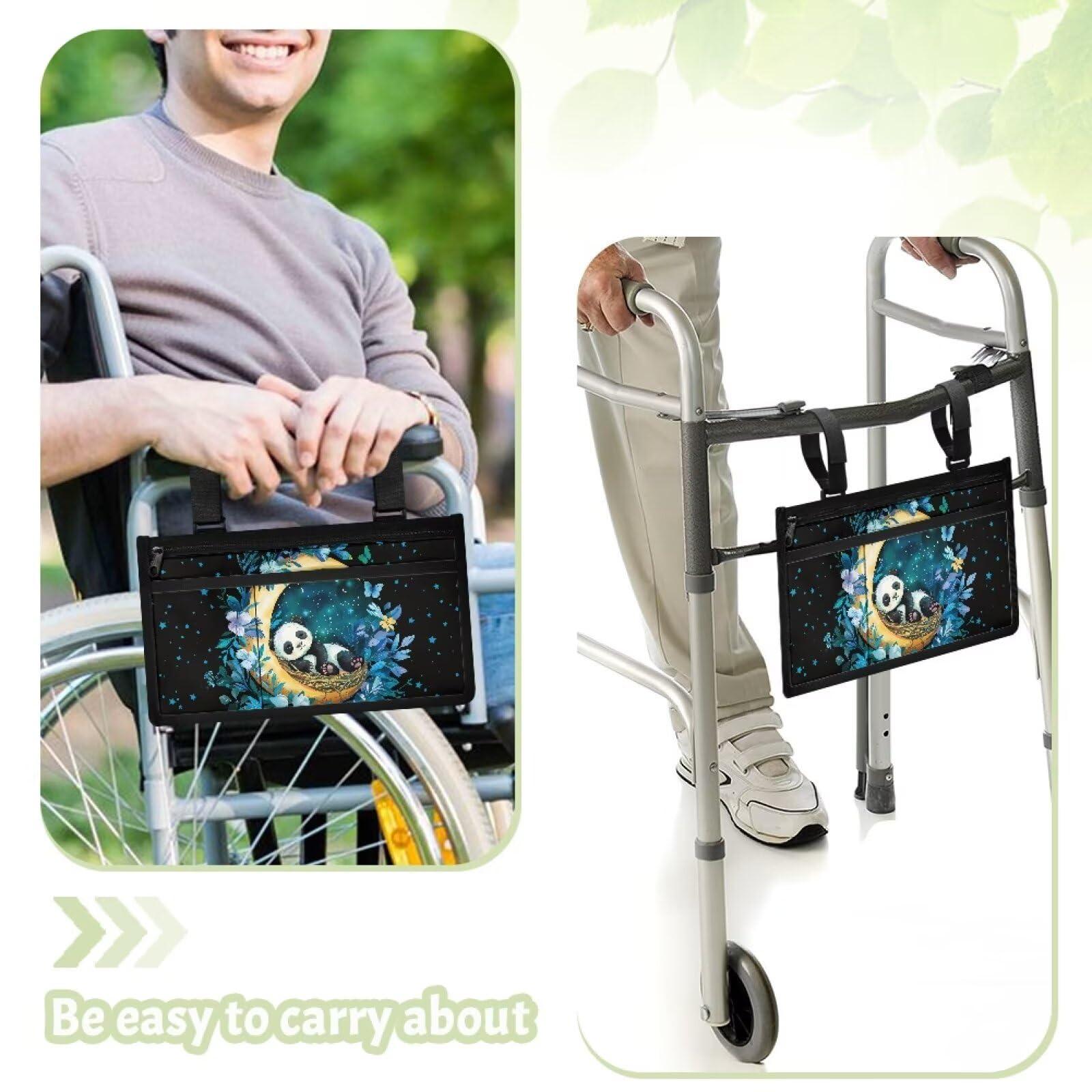 Gomyblomy Gomyblomy Panda Moon Print Wheelchair Side Bag, Large Capacity Hanging Organizer Storage Bag Pocket for Walker Rollator Electric Wheelchairs, Armrest Pouch with Cup Holder