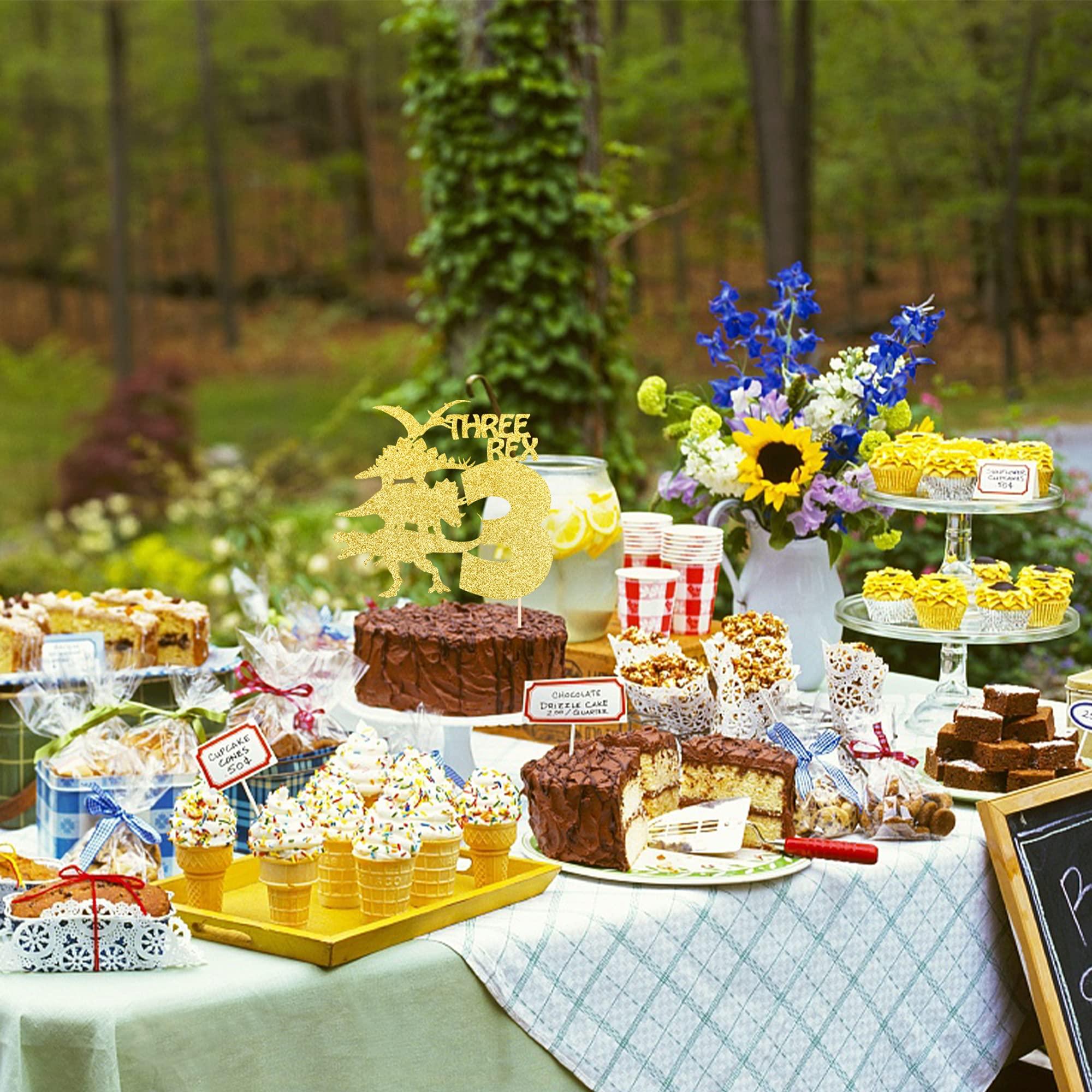 ZHUOWEISM 1 PCS Three Rex Birthday Cake Topper with Glitter Dinosaur 3rd Birthday Cake Pick Baby Shower 3rd Birthday Dinosaur Theme Party Decorations Supplies Gold