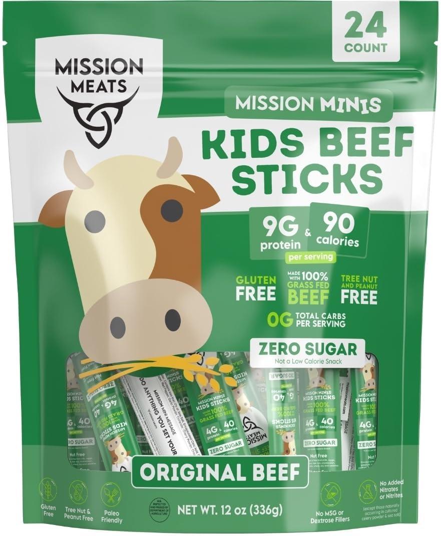 EST. 2015 MISSION MEATS Mission Meats Kids Beef Sticks 100% Grass Fed & Pasture Raised, Healthy Snacks for Kids and Toddlers, Gluten & Nut Free, Non-GMO, 0.5oz, 24 Count (Pack of 1)