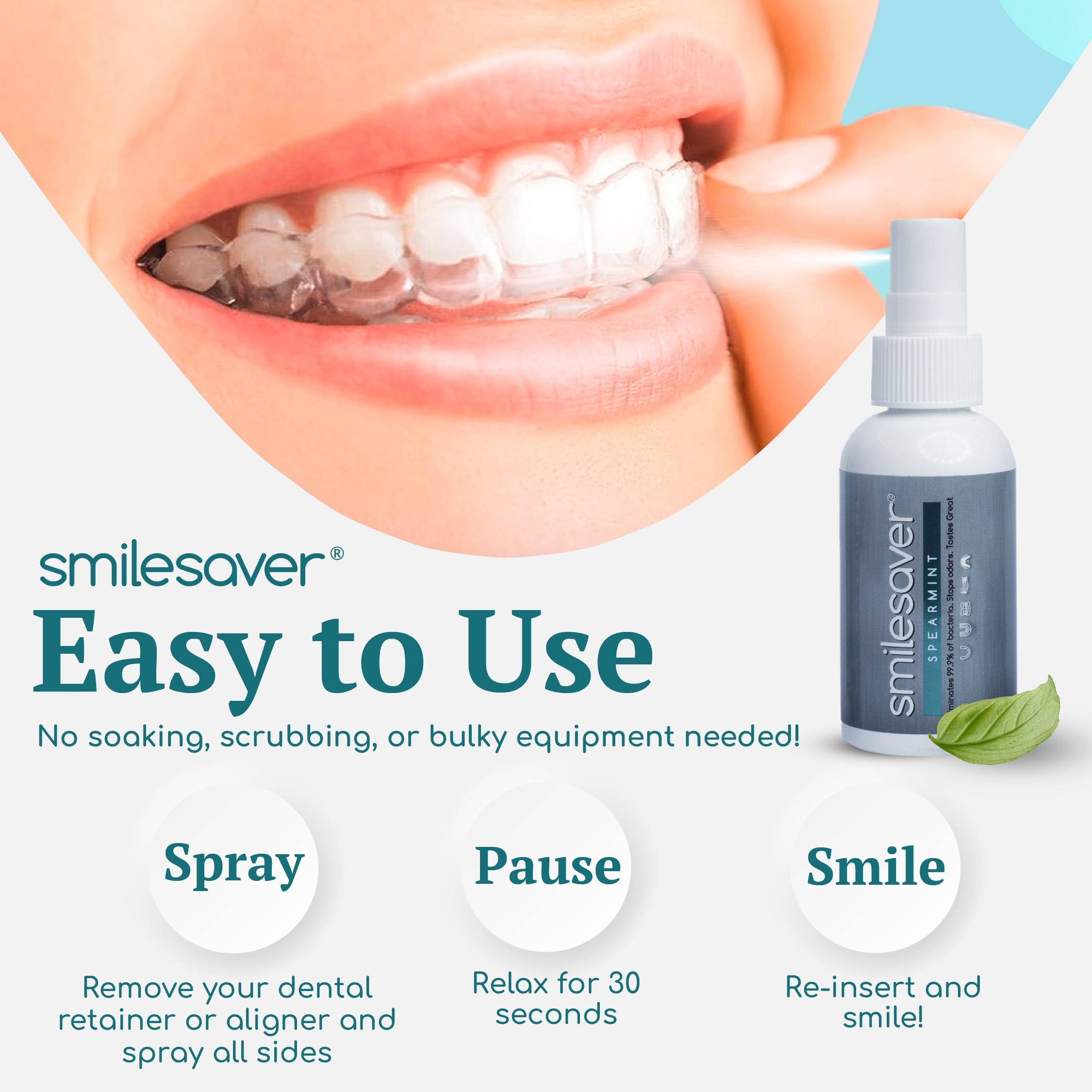 Soluria Smilesaver Retainer Cleaner Spray Invisalign, Mouth Guard, and Denture Cleaner Quick Oral Care for Aligner & Retainer Hygiene Natural, Portable & Minty Fresh Oral Care Products (2oz)