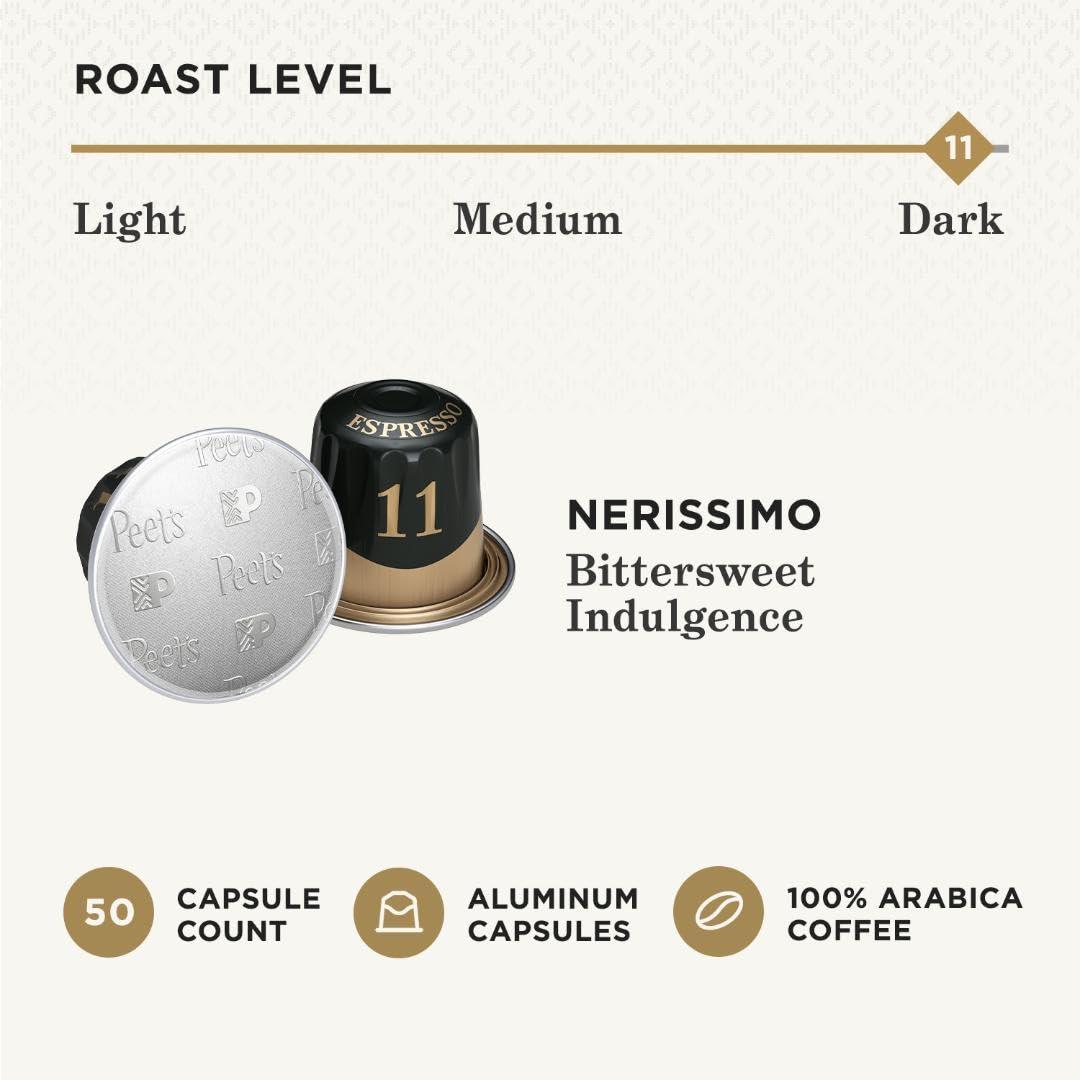 Peet's Coffee Peet\'s Coffee, Dark Roast Espresso Capsules, Compatible with Nespresso Original Machine - Nerissimo Intensity 11, 50 Count (5 Boxes of 10 Espresso Capsules)