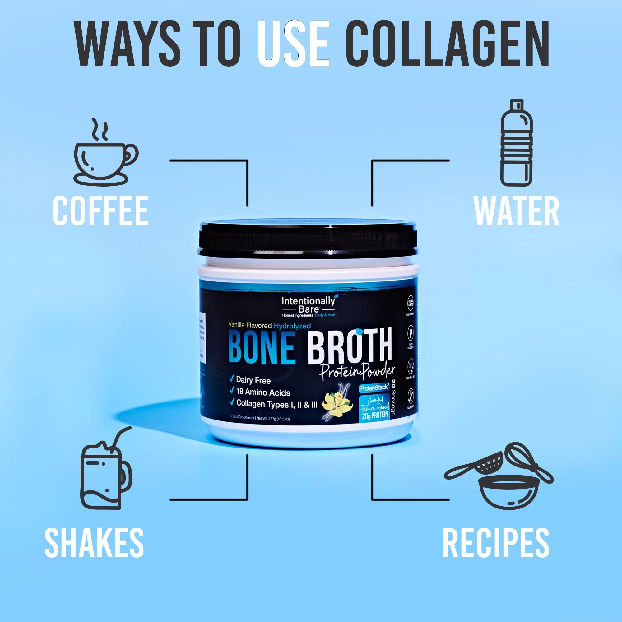 Intentionally Bare Intentionally Bare Bone Broth Organic Protein Powder Vanilla - Grass Fed Vanilla Protein with Collagen Types 1 2 & 3 - Keto Collagen Powder - Vanilla Collagen Powder for Joints & Gut - 20 Servings