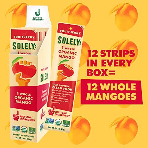 SOLELY Solely - Organic Mango Fruit Jerky - 12 Individually Wrapped Fruit Strips - Fruit Leather Made from Dried Fruit - Healthy Snacks, Vegan - 0.8oz (23g)