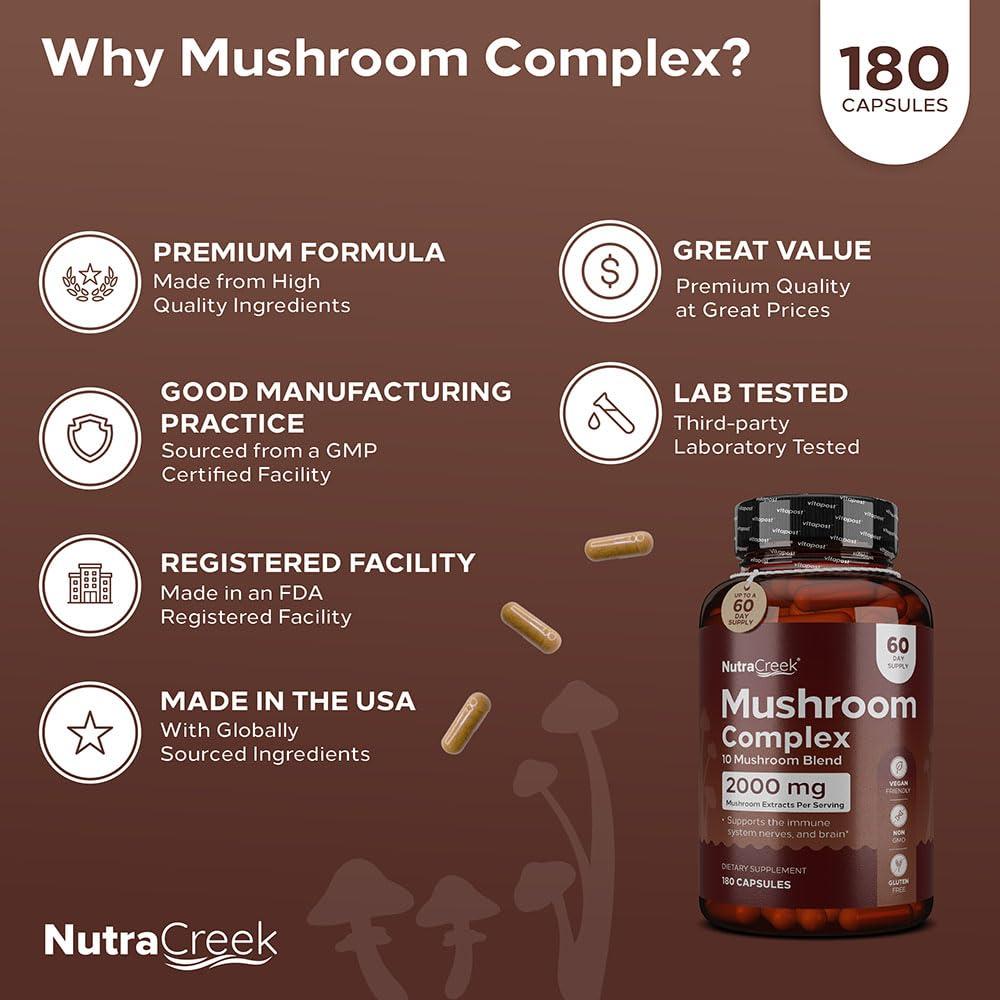 NutraCreek NutraCreek Mushroom Complex | Cordyceps Mushroom, Reishi, Shiitake, Maitake and Lions Mane Supplement. A 10-Mushroom Supplement to Support Your Mind and Body | 60 Mushroom Capsules
