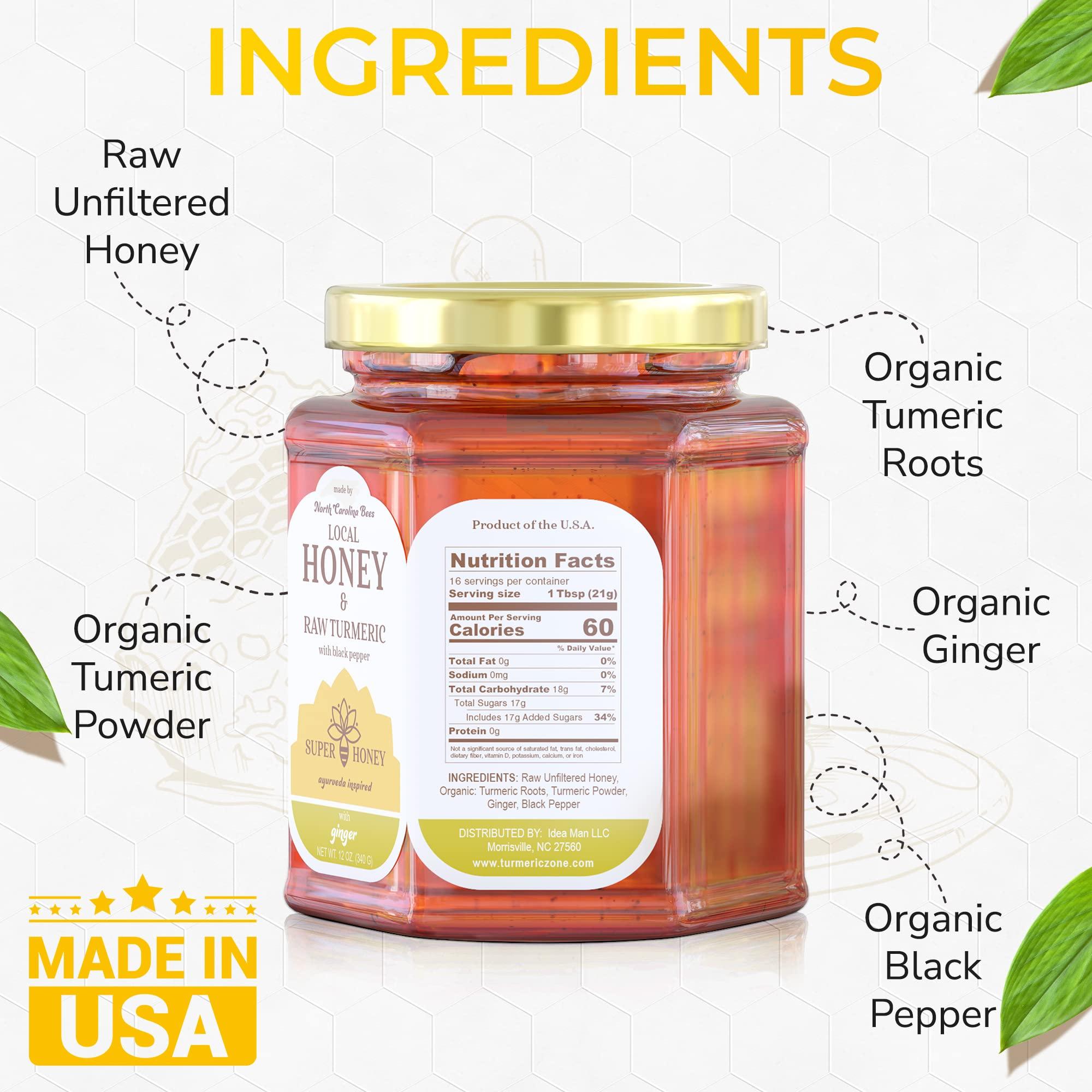 SUPER HONEY AYURVEDA INSPIRED SUPER HONEY North Carolina Honey with Turmeric, Ginger and Black Pepper, Ayurveda Inspired 100% Wildflower Pure Raw Honey, Unfiltered and Naturally Delicious - 12oz. Glass Jar