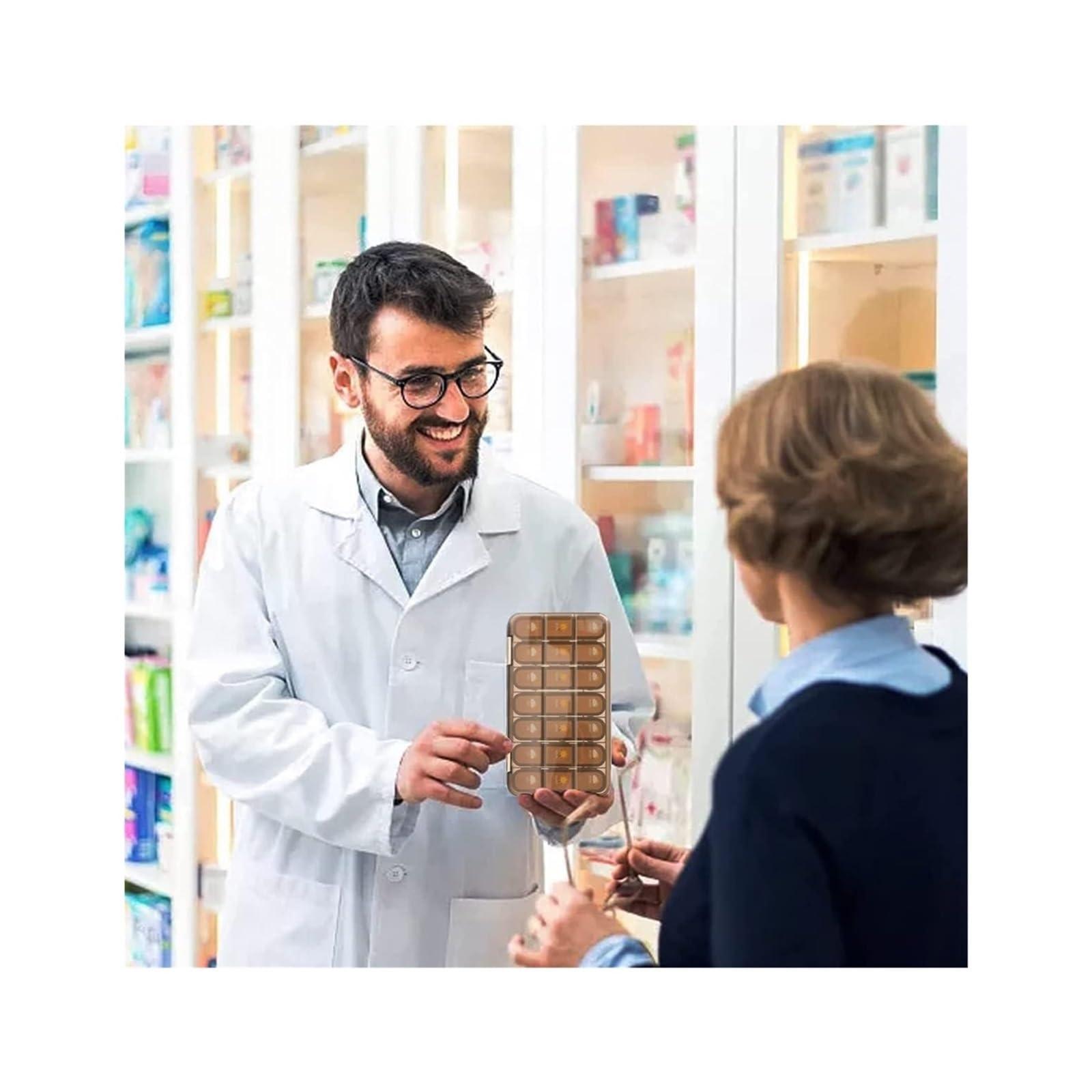 SNIME Pill Dispenser Pill Organizer,Travel Pill Box 7 Day, Airtight Pill Case Waterproof Moisture Proof, BPA Free, Easy Open (Size : 21 grids-Brown)