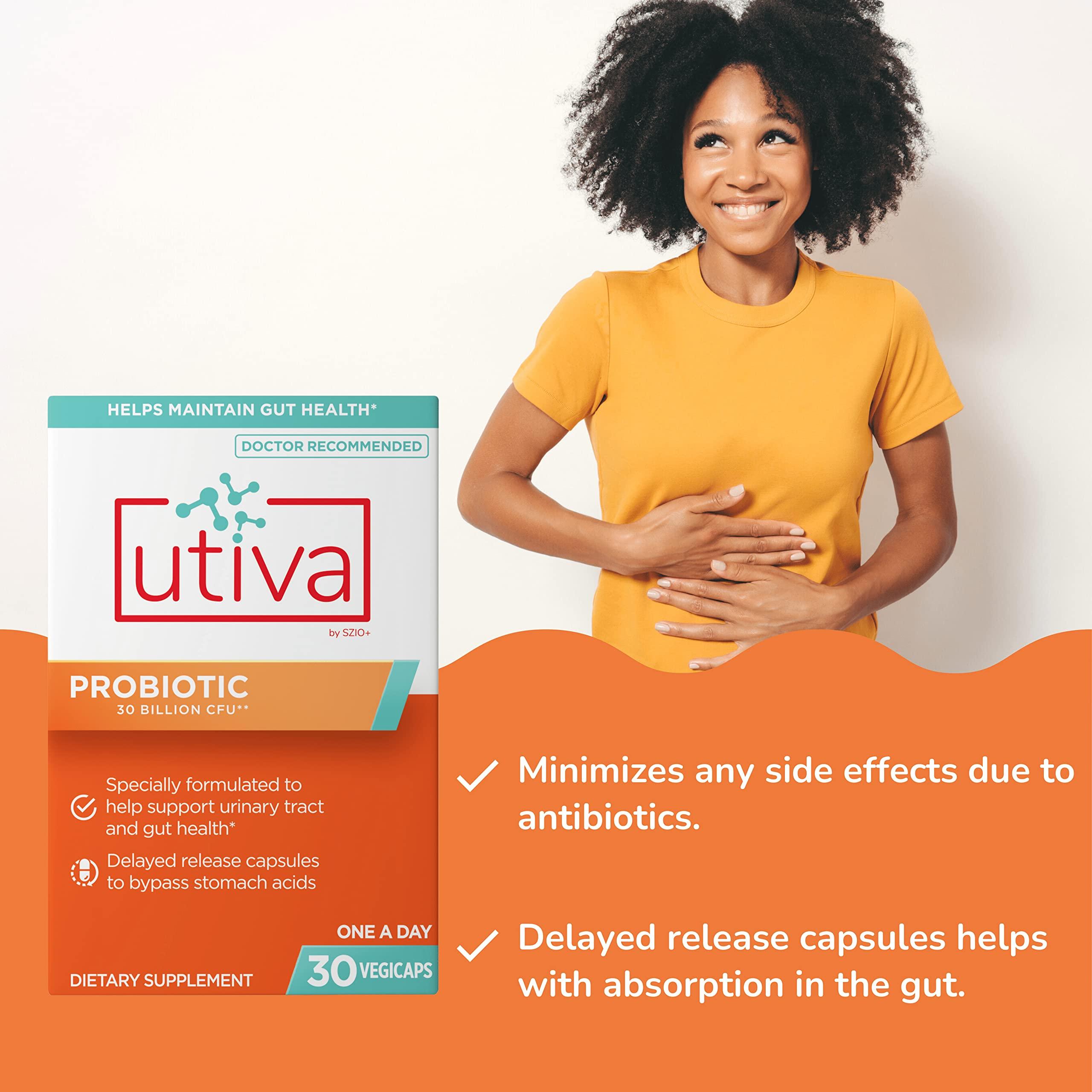 Szio+ Szio+ Utiva Probiotic Urinary Tract and Gut Health Supplement 12 Billion CFU Lactobacillus & Bifidobacterium Probiotic for Men and Women, 30 Delayed Release Vegi Capsules