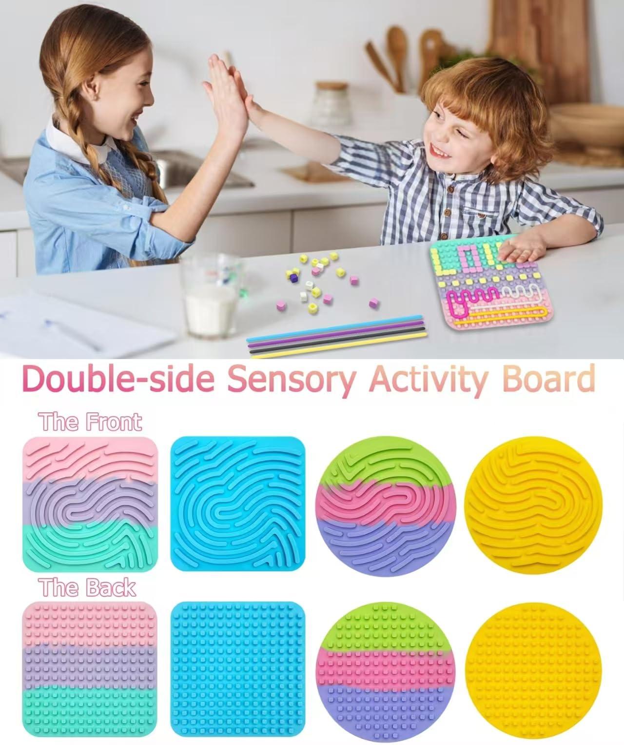 ZSFLZS 2 Pack Sensory Activity Board Silicone,Quiet Fidget Toys Calming Sensory Board,Sensory Toys for Kids with Autism,ADHD,Double-Side Silicone Fidget Toy for Stress Relief (Round Yellow + Square Colorful)