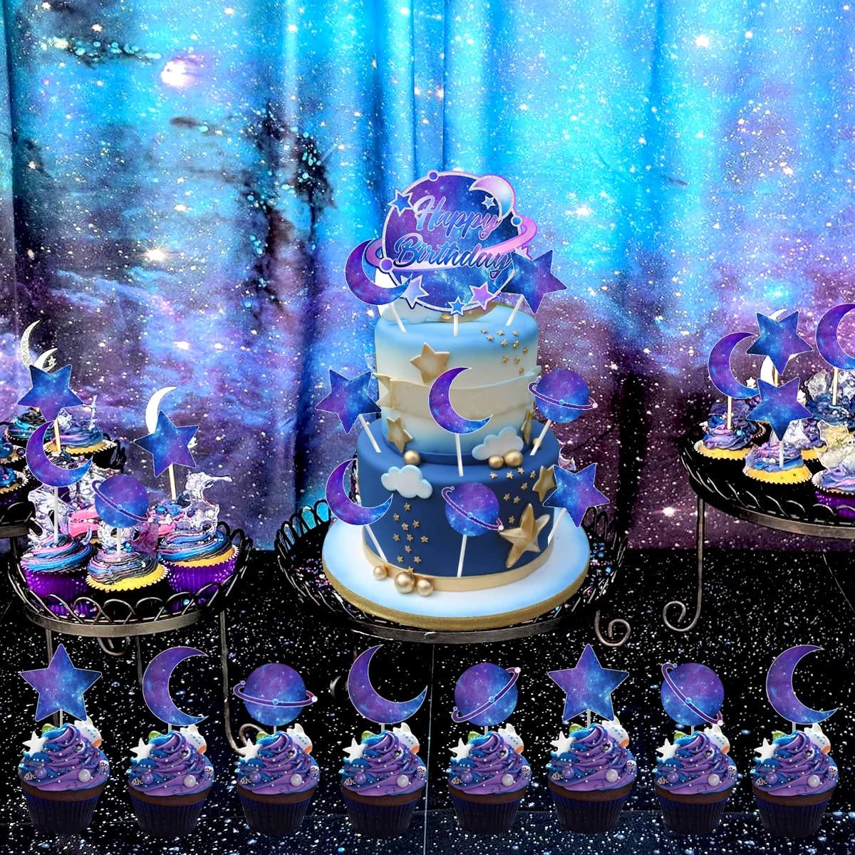 Kreatwow Galaxy Birthday Cake Decorations Solar System Happy Birthday Cake Topper Planets Star Planet Moon Outer Space Cupcake Toppers for Starry Sky Universe Space Themed Birthday Party Supplies - 25pcs