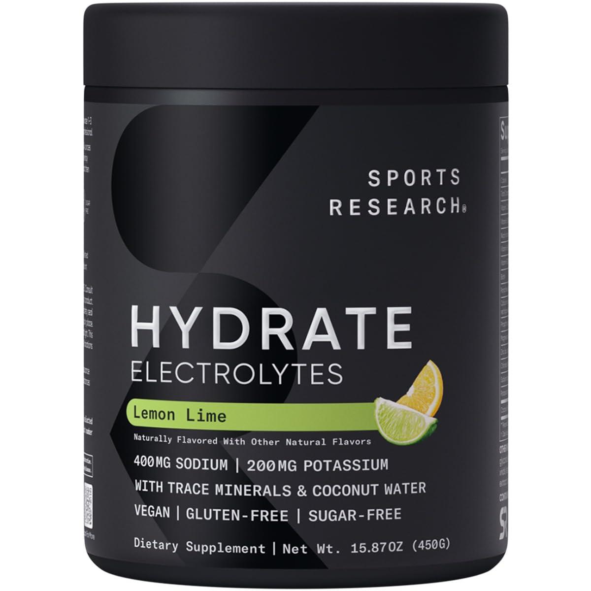 Sports Research Sports Research Hydrate Electrolytes Powder - Sugar-Free & Naturally Flavored with Vitamins, Minerals, and Coconut Water - Supports Hydration - Lemon Lime