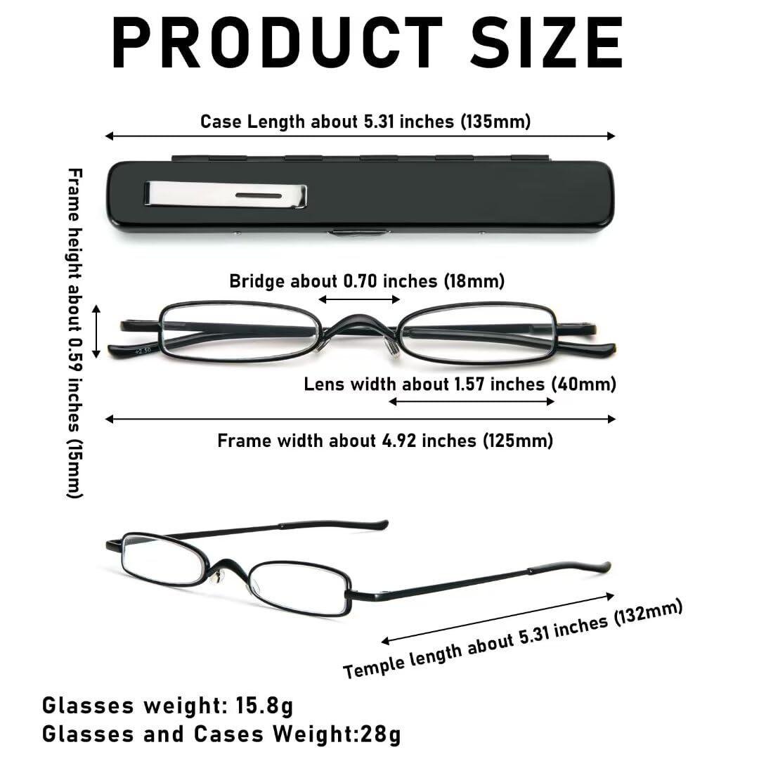MMOWW Small Reading Glasses Men Women 4 Pairs Slim Pocket Readers with Pen Clip Metal Case Spring Hinge +2.5