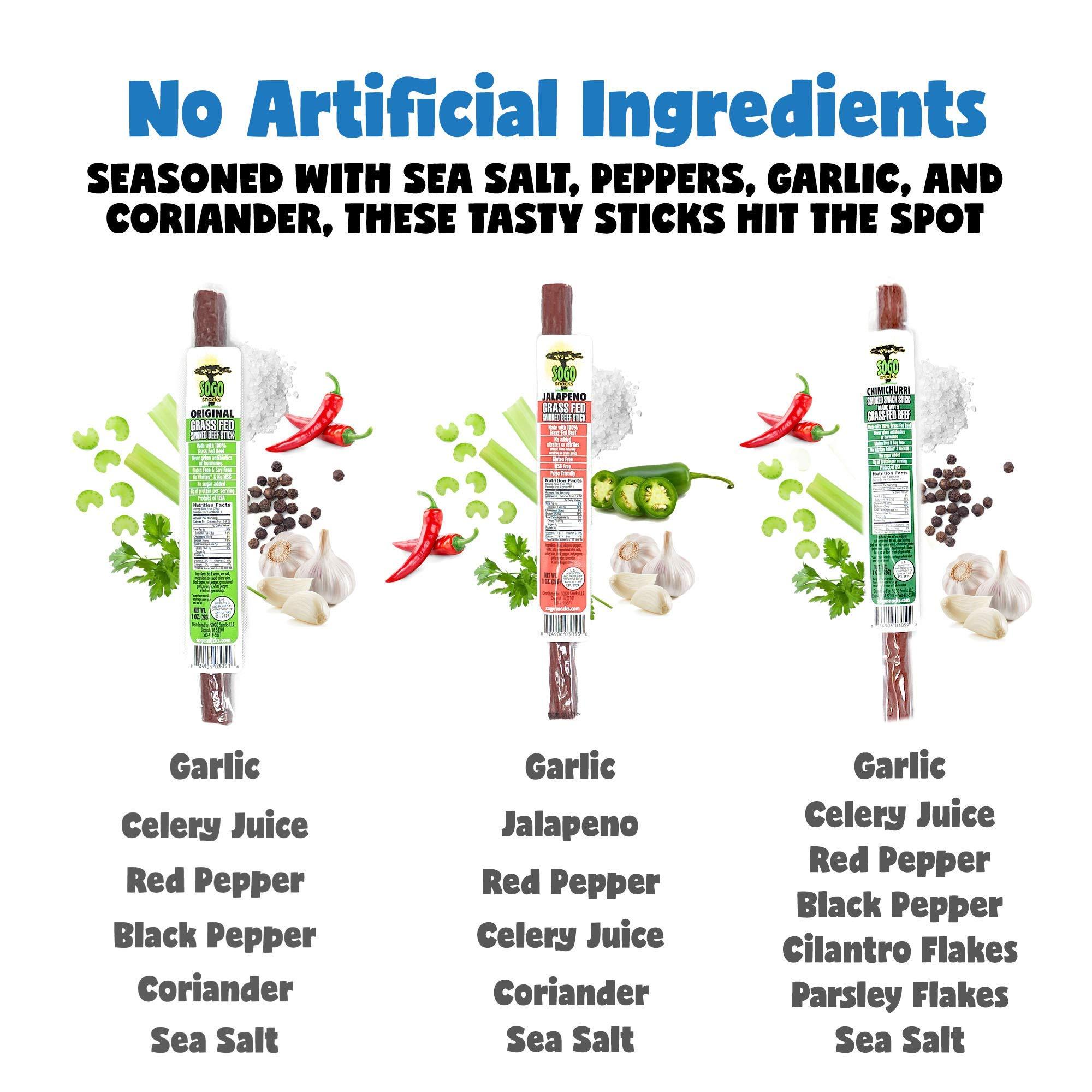Sogo Snacks Sugar-Free Beef Jerky Variety Pack, 100% Grass Fed Beef Sticks. Non-GMO. No Added Nitrates, Gluten, Soy, MSG, Dairy or Nuts. Paleo, Whole30, Keto Snack. (4 Original, 4 Chimichurri, 4 Jalapeno, 12-Cnt)